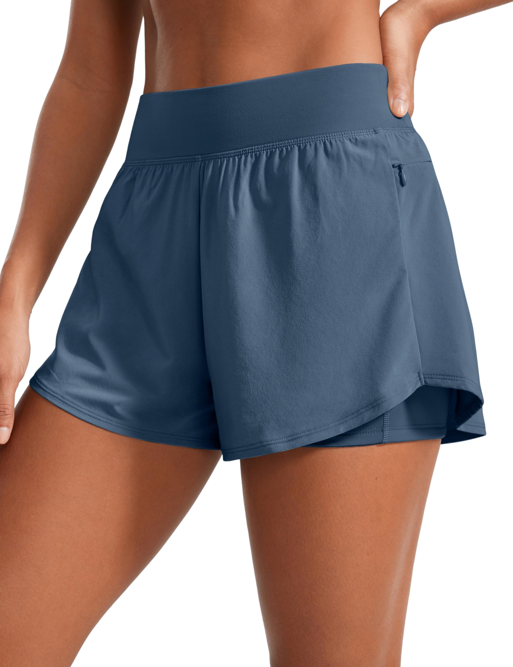 CRZ YOGA 2 in 1 Double Layer Running Shorts 3" | High Waisted, Quick Dry, Lightweight, Zip Pockets, for Women