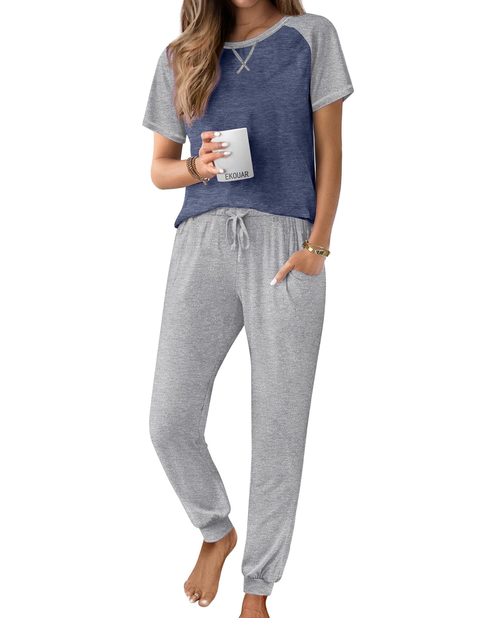 Ekouaer Pajamas for Women Set Short Sleeve PJ Set 2 Piece Jogger Pants