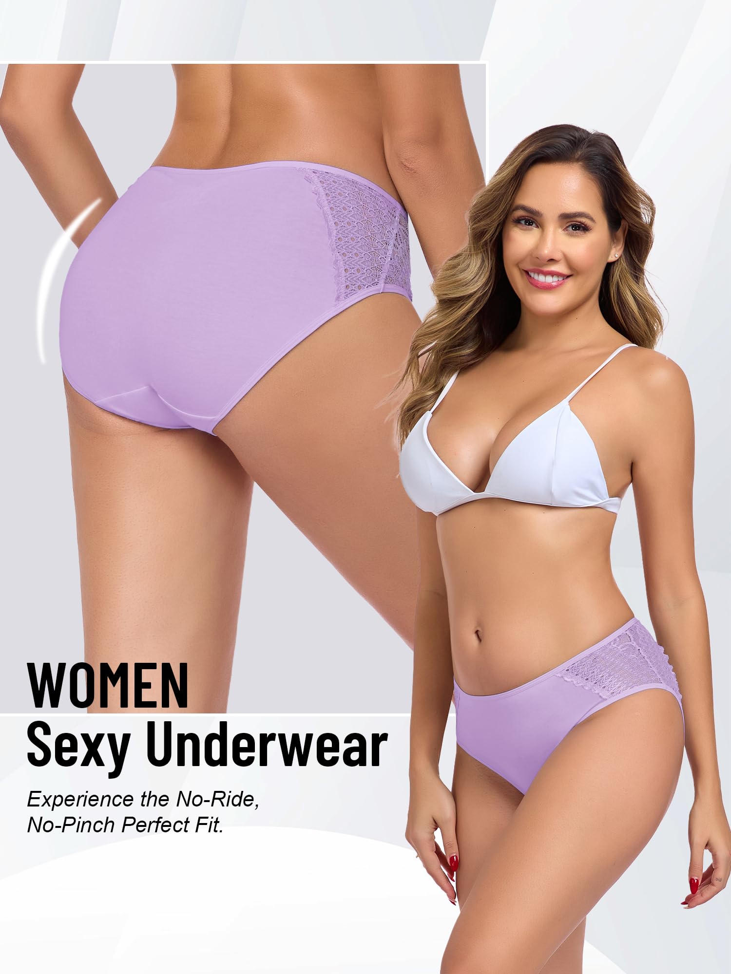 COLORFULLEAF Women's Cotton Hipster Panties Sexy Lace Underwear Pack Soft Moisture Wicking Bikini Briefs