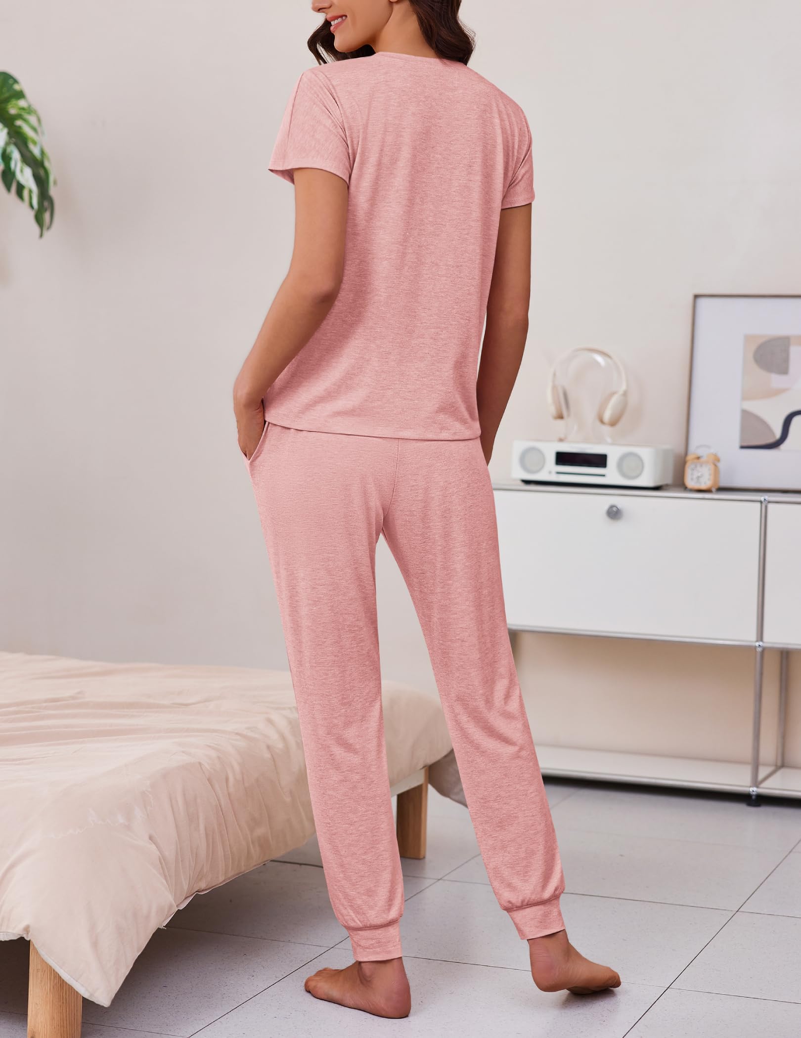 Ekouaer 2 Pack Womens Pajama Short Sleeve Jogger Pants Pjs Lounge Set