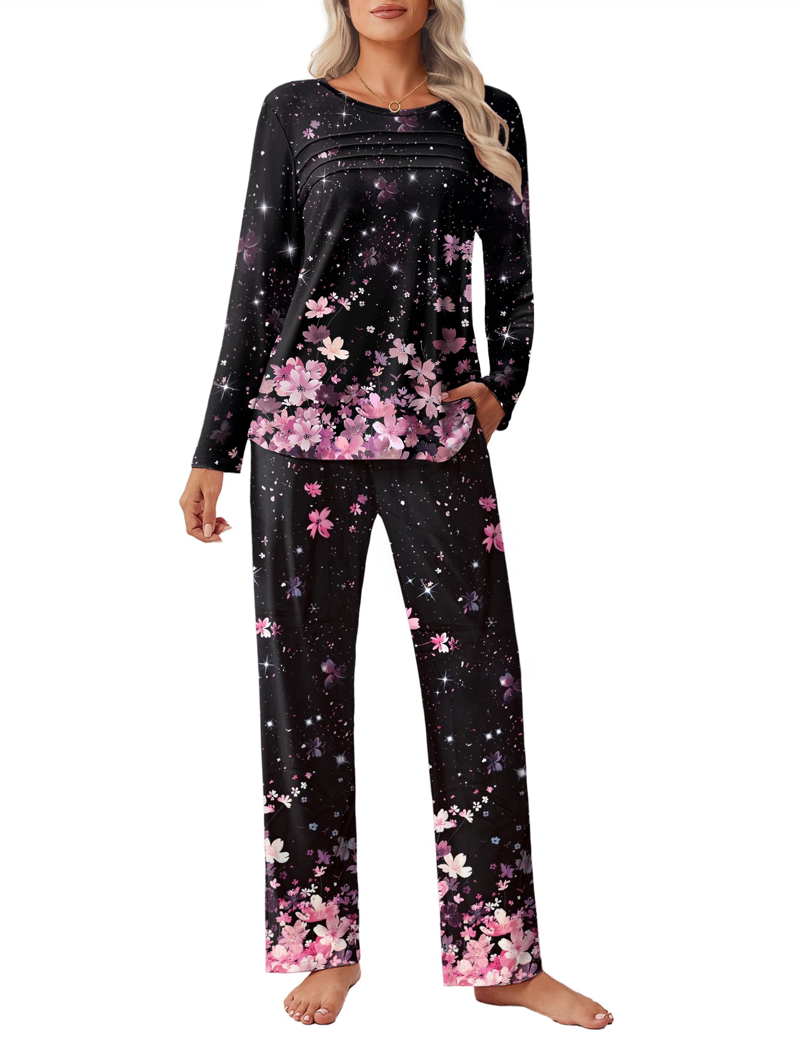 Ekouaer Womens Pajama Sets Pleated Tops with Long Sleeve Fall Lounge Set