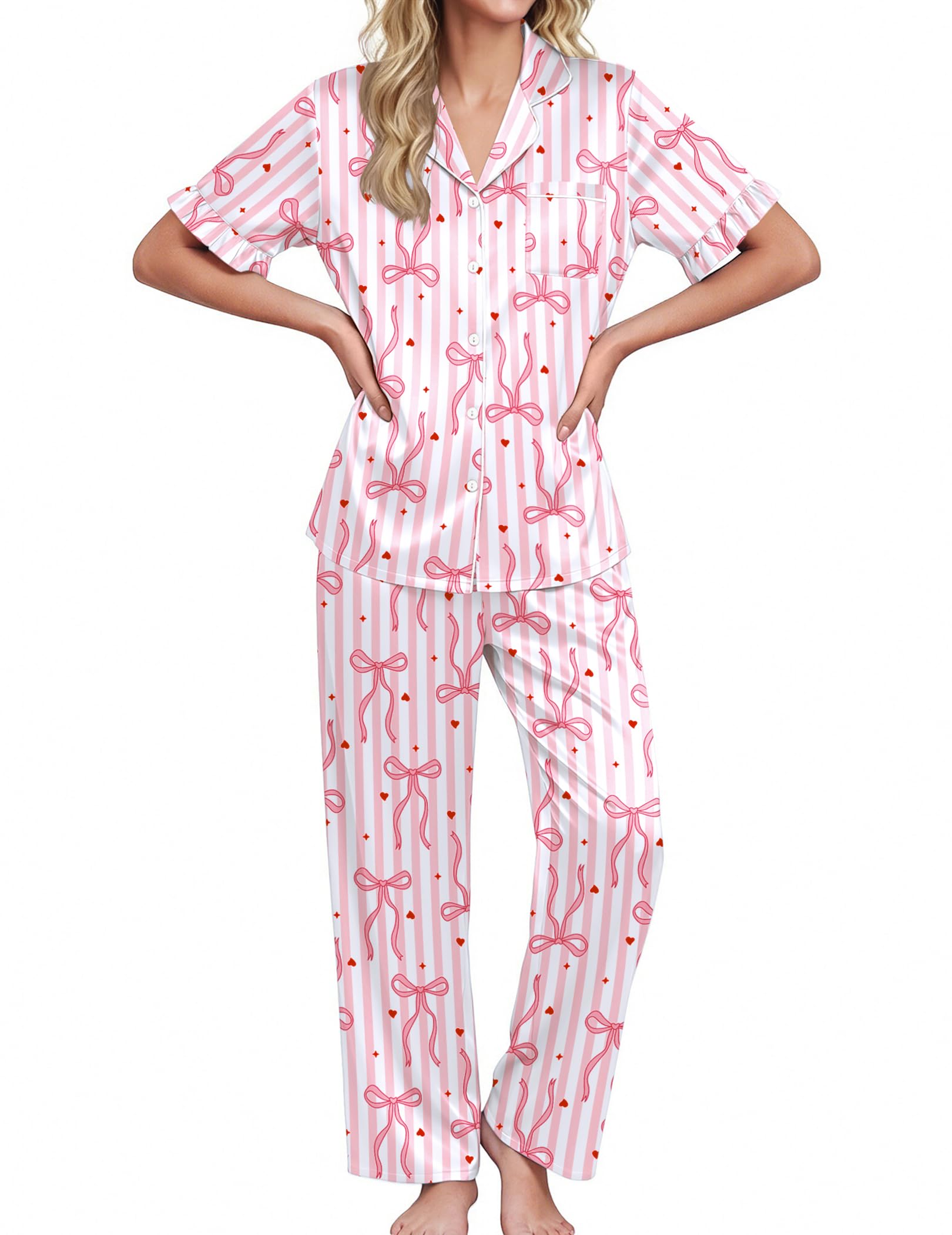 Ekouaer Silk Satin Pajamas for Women Set 2 Piece Short Sleeve Button Up Pjs