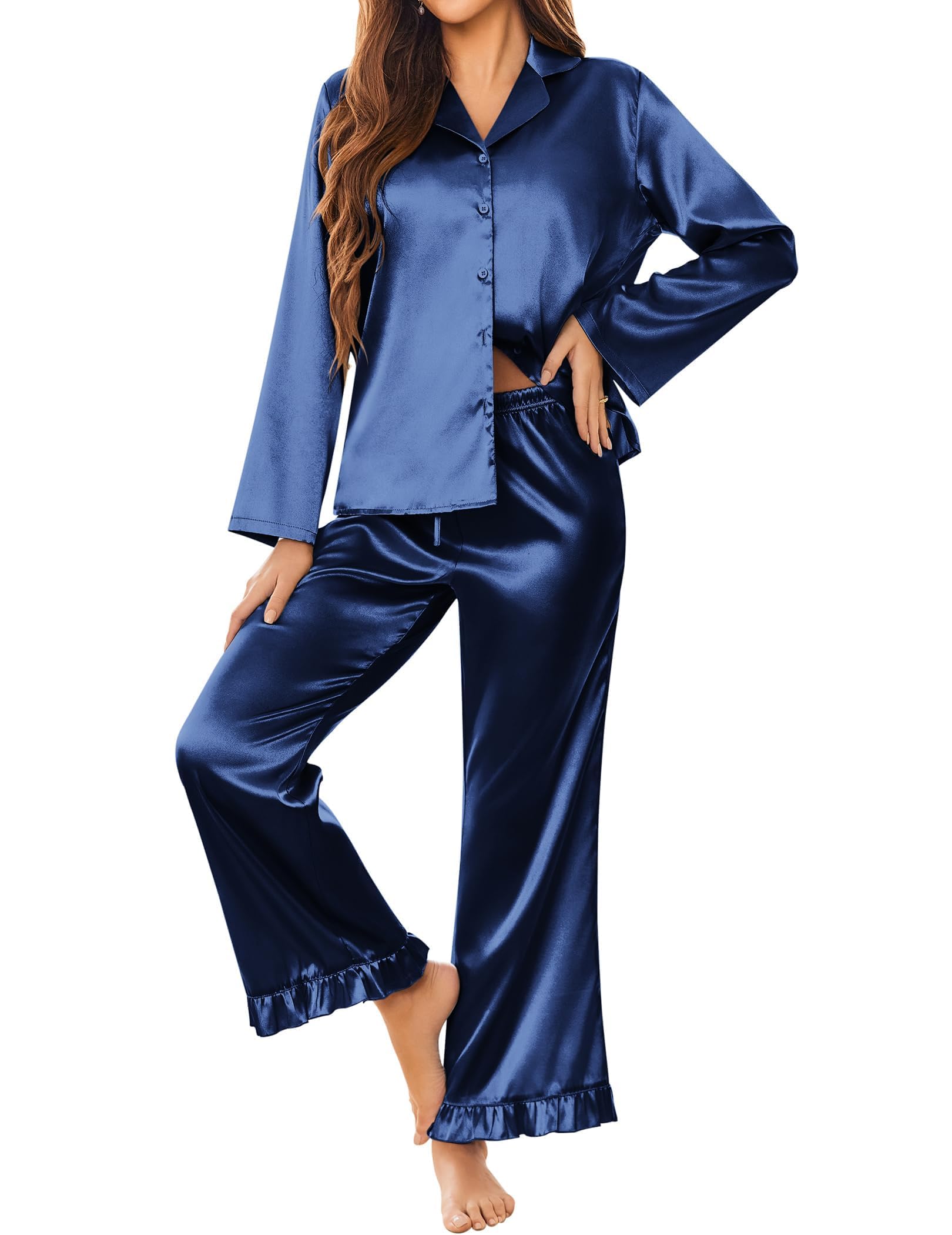 Ekouaer Satin Pajama Set for Women Long Button Down Silk Pj with Ruffle