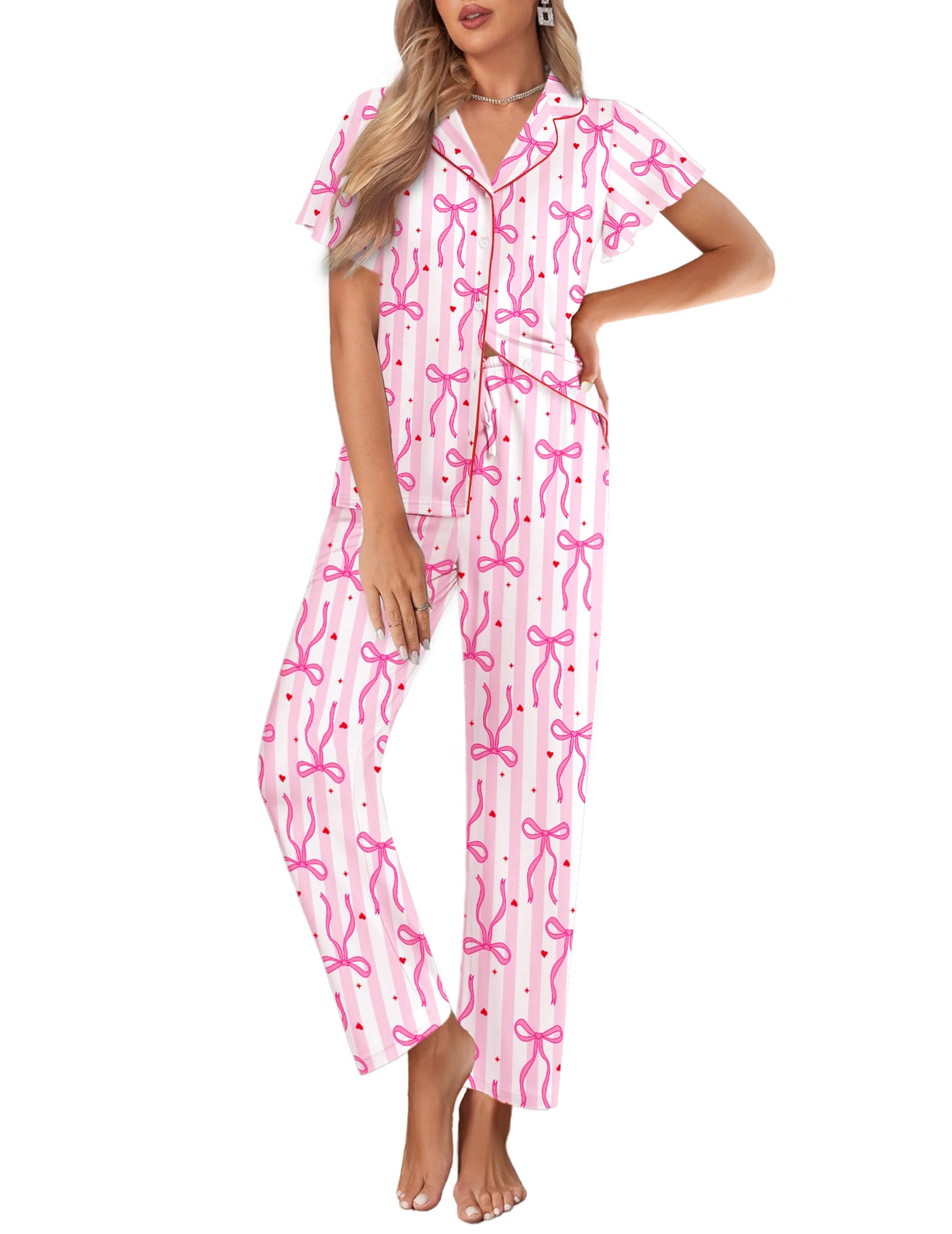Ekouaer Pajamas for Women Set Ruffle Sleeve Button Up with Long Pants