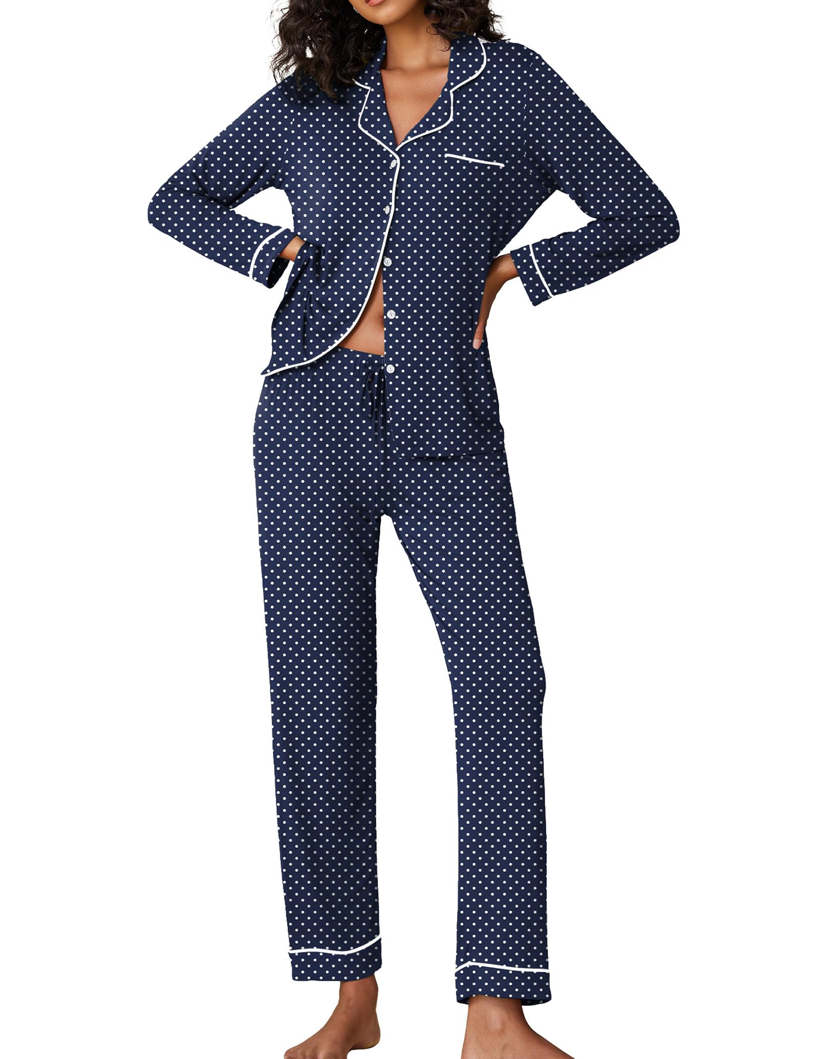 Ekouaer Women's Classic Long Sleeve Button Down Pajama Set