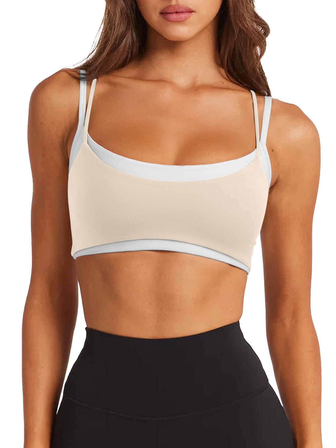 LASLULU Womens Double Layered Sports Bra Adjustable Spaghetti Straps Sexy Scoop Neck Wireless Padded Workout Yoga Crop Tops