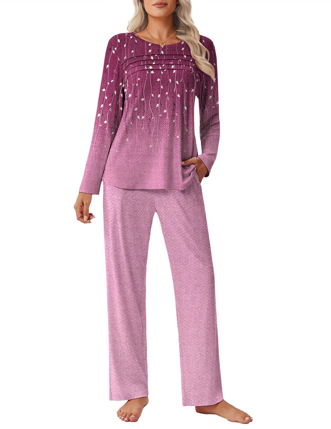 Ekouaer Womens Pajama Sets Pleated Tops with Long Sleeve Fall Lounge Set