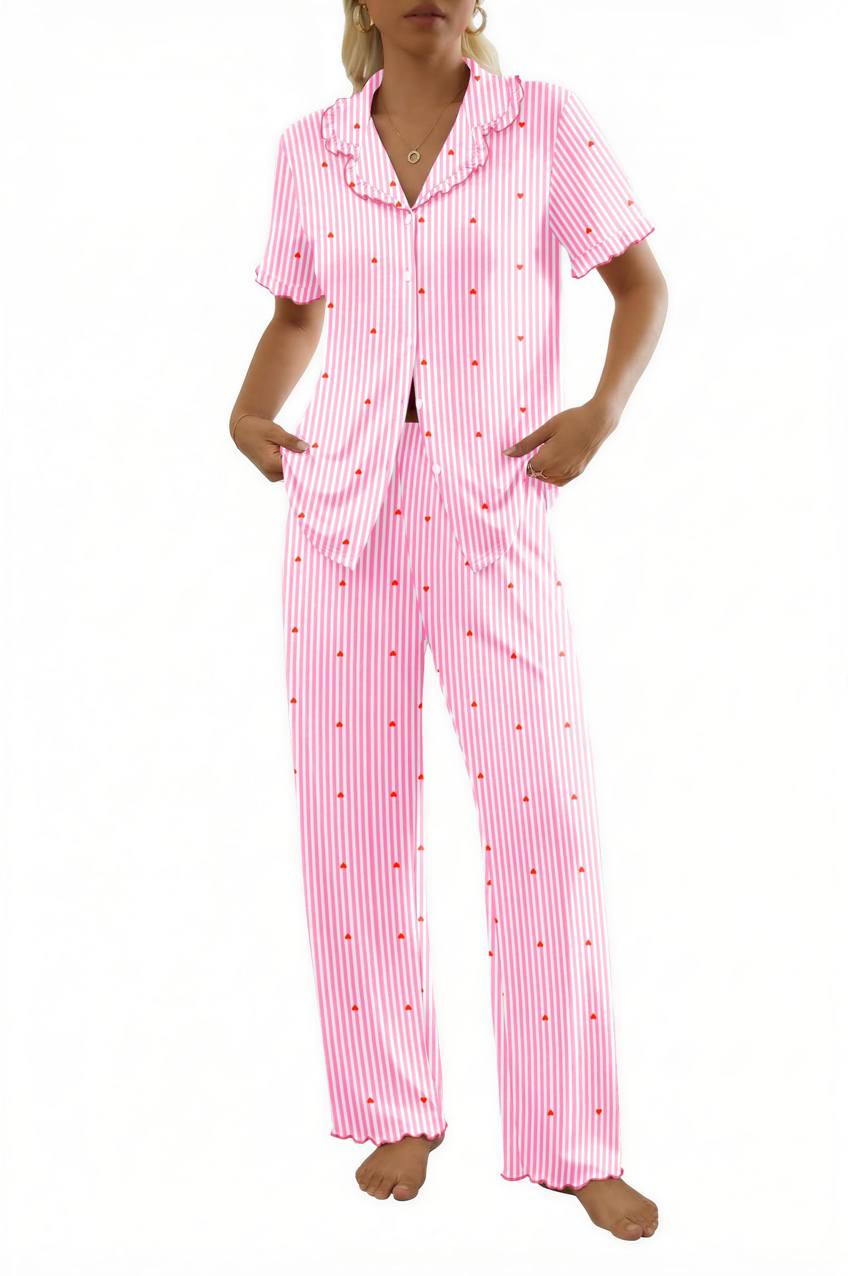 Ekouaer Womens Pajama Sets Short Sleeve Printed PJs Button Down Sleepwear