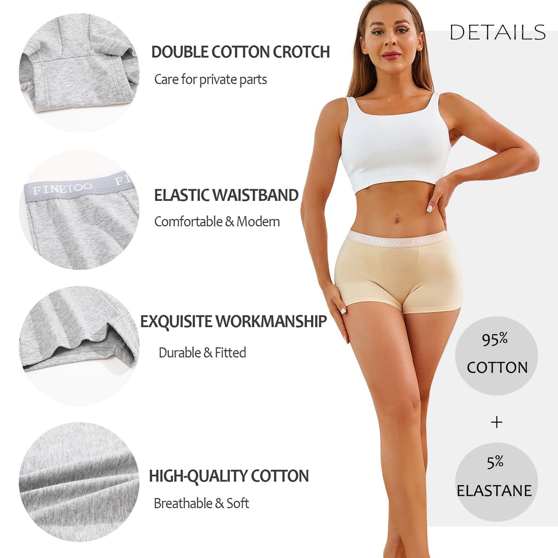 FINETOO Womens Cotton Boy Shorts Underwear Full Coverage Soft Boxer Briefs High Waisted Panties for Lady Girls 6 Pack