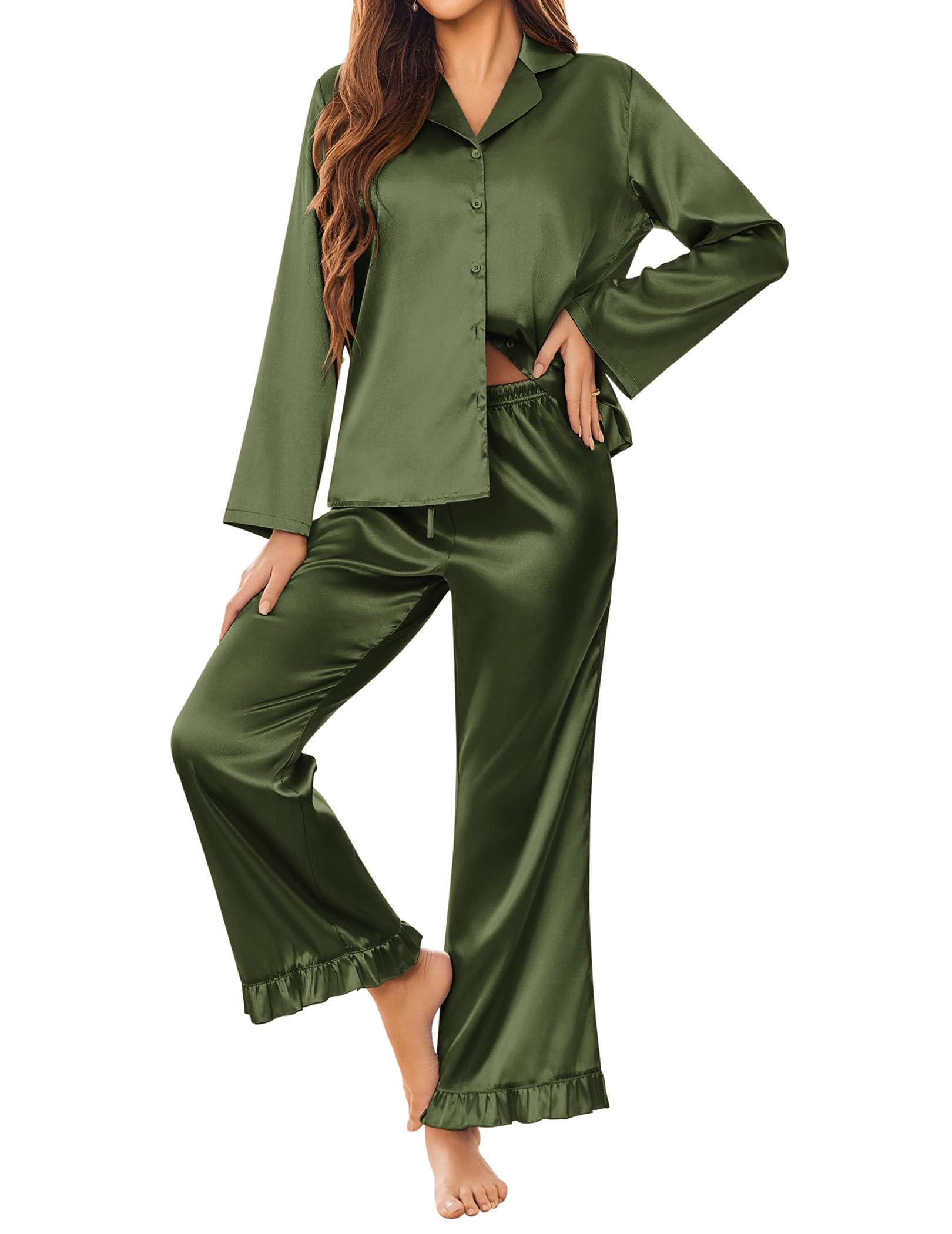 Ekouaer Satin Pajama Set for Women Long Button Down Silk Pj with Ruffle