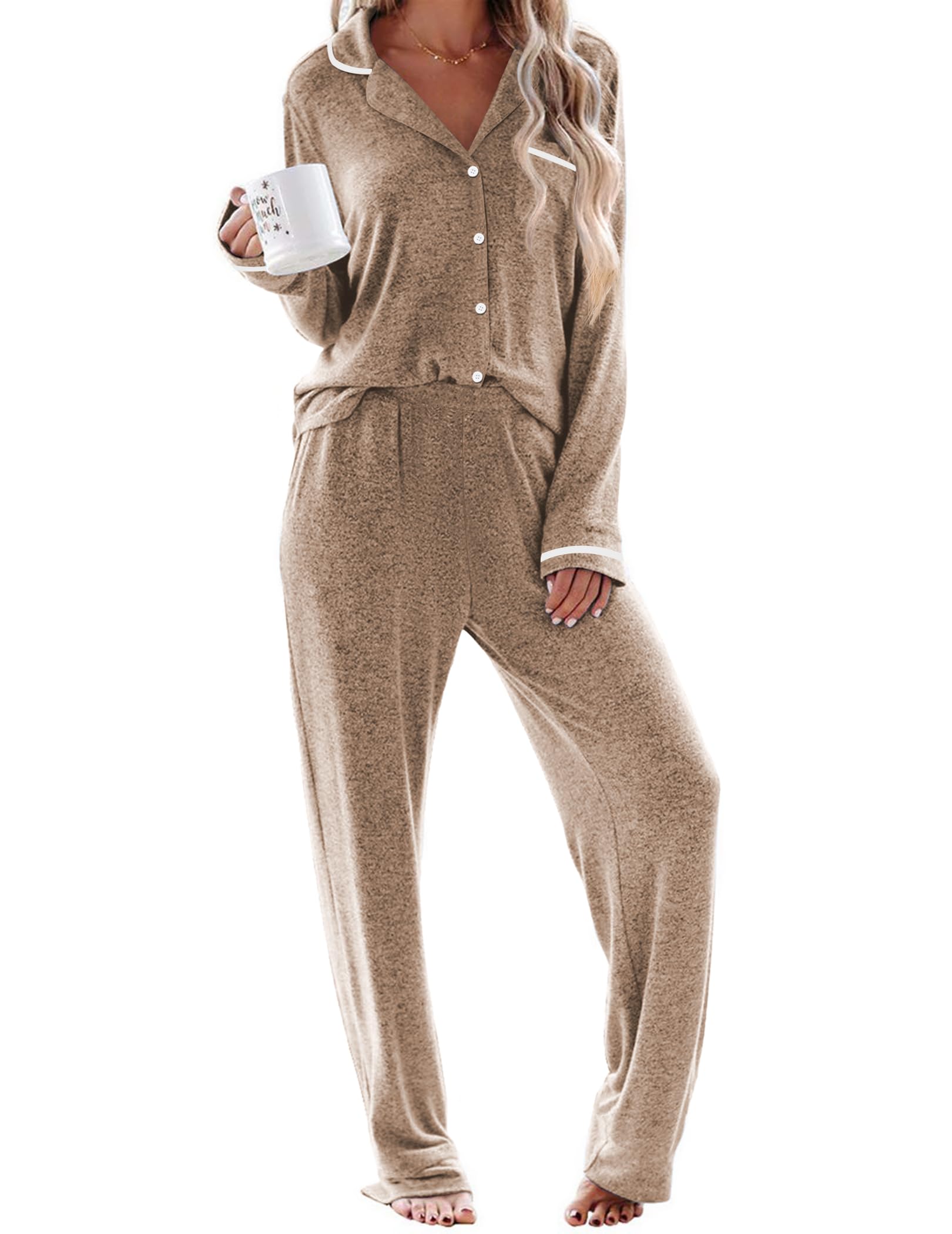 Ekouaer Womens Pajama Sets Long Sleeve Button Down 2 Piece Soft Pjs