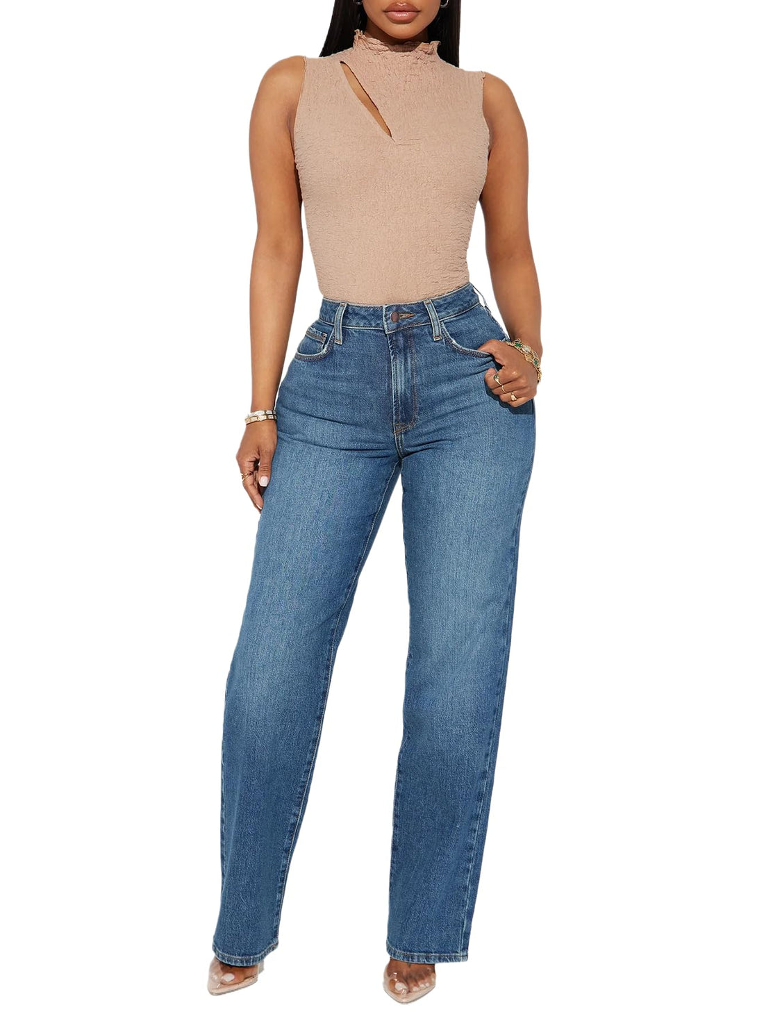 BessCops Straight Leg Jeans for Women High Waisted Wide Leg Stretchy Loose Denim Pants