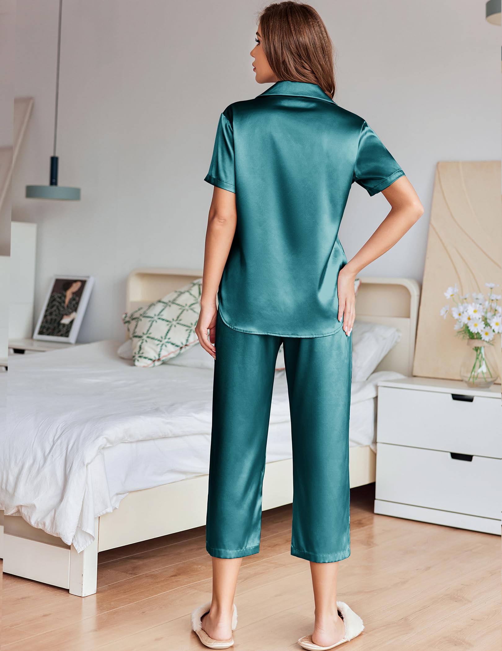 Ekouaer Womens Satin Silky Capri Pajamas Short Sleeve Button Down Sleepwear