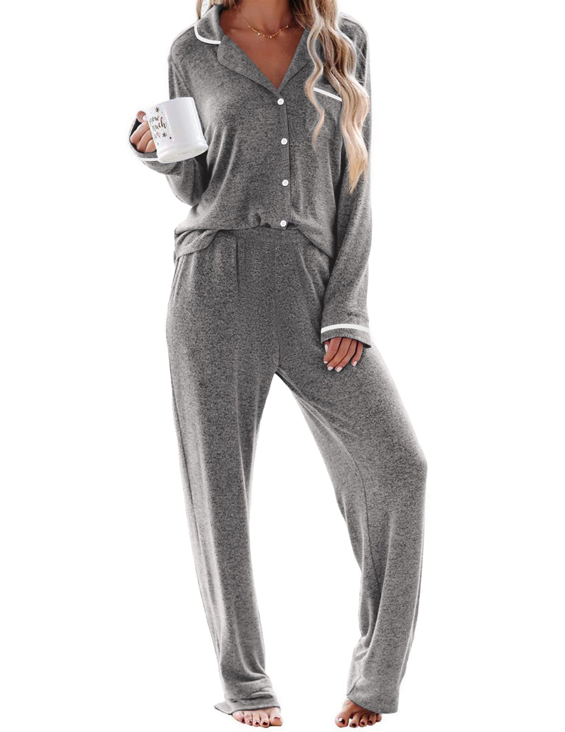 Ekouaer Womens Pajama Sets Long Sleeve Button Down 2 Piece Soft Pjs