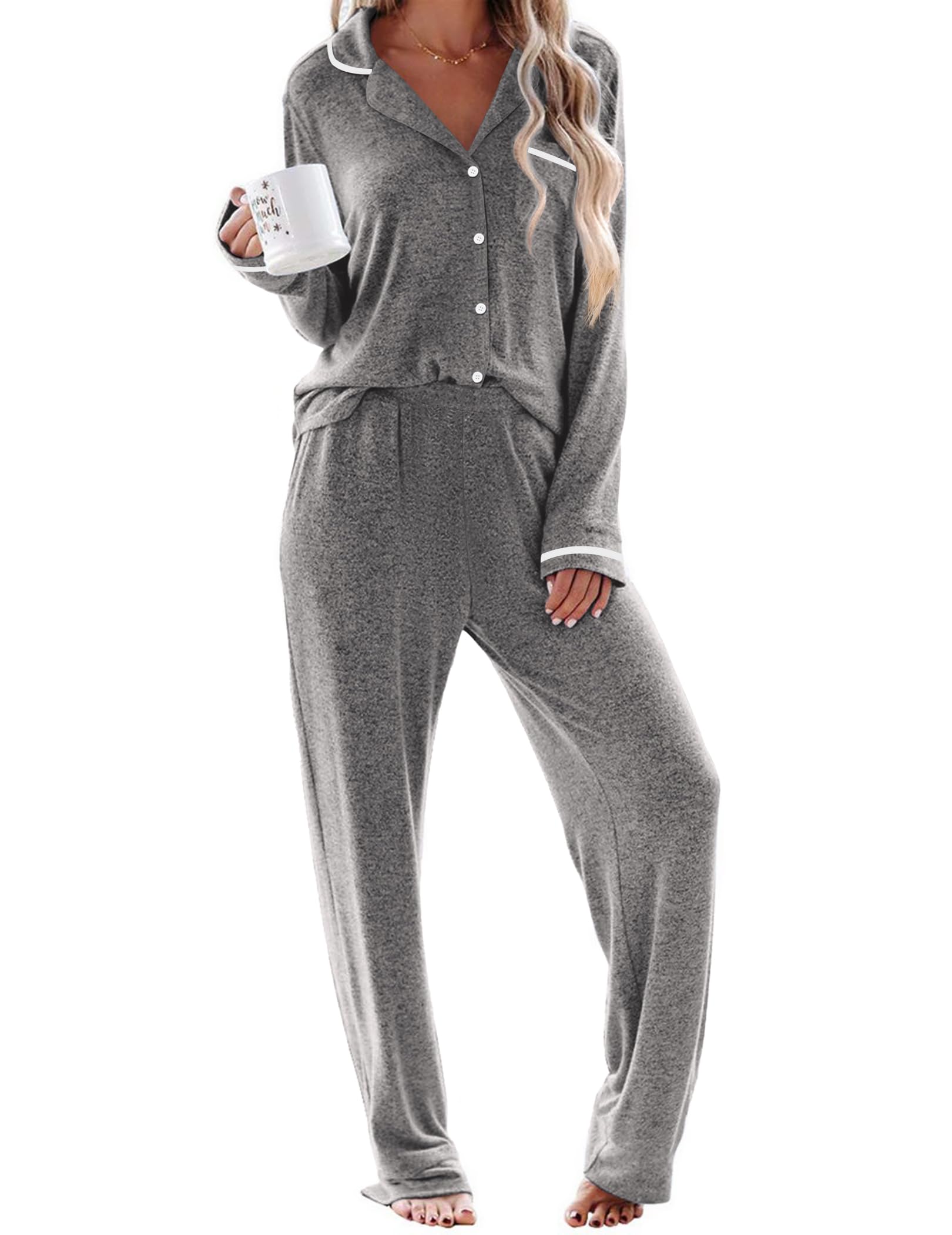 Ekouaer Womens Pajama Sets Long Sleeve Button Down 2 Piece Soft Pjs