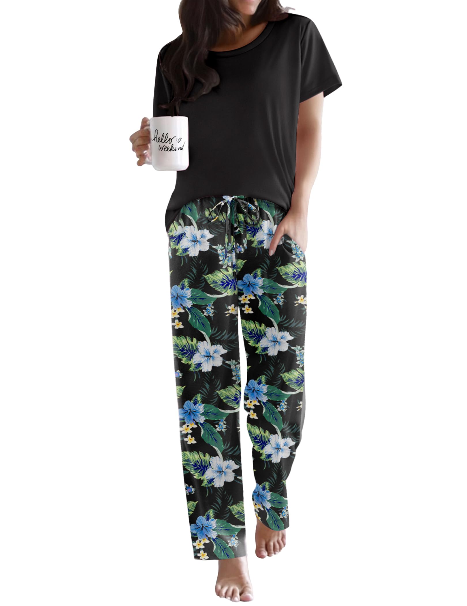 Ekouaer Womens Pajamas Sets Round Neck Pjs Loose Lounge Sets Sleepwear