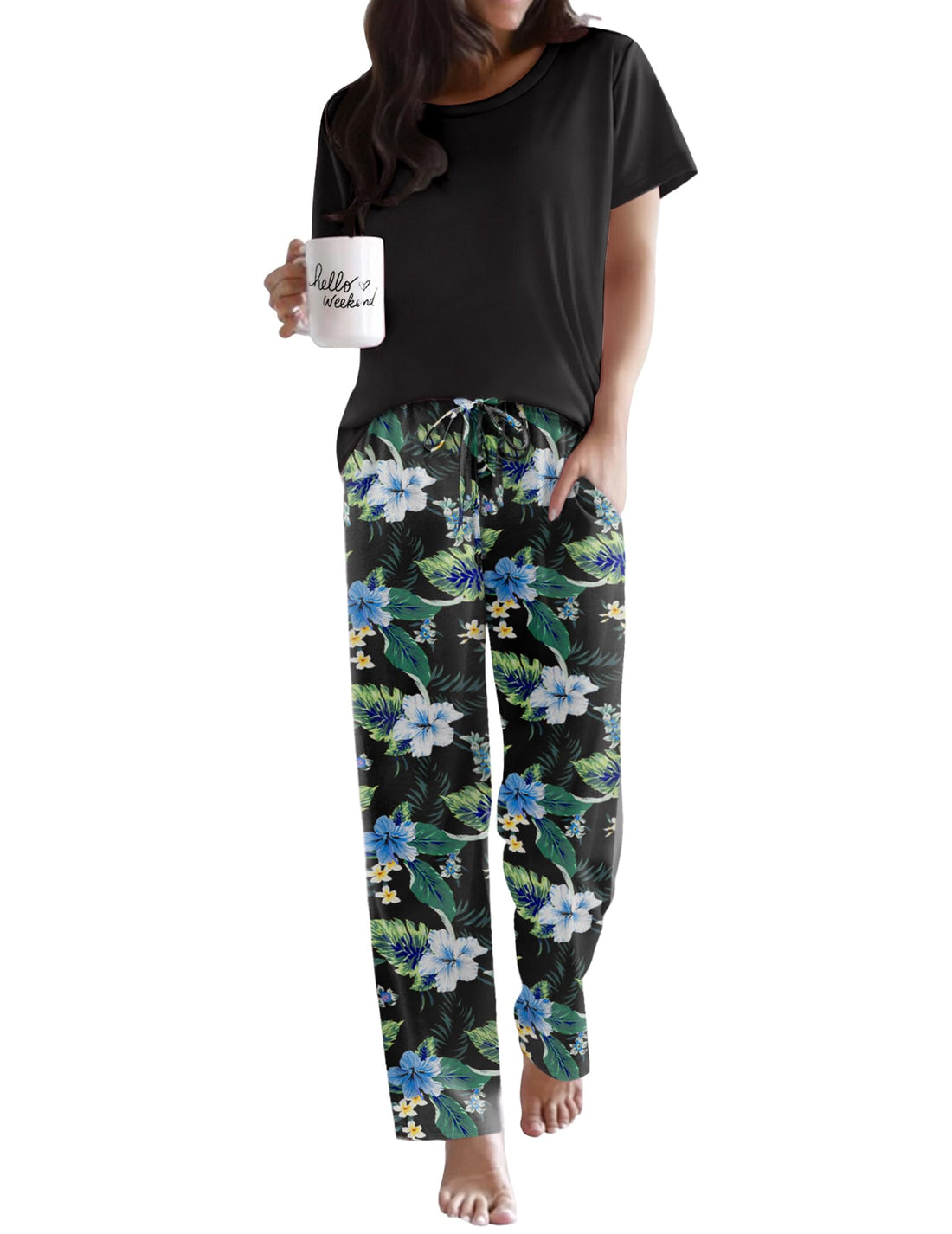 Ekouaer Womens Pajamas Sets Round Neck Pjs Loose Lounge Sets Sleepwear