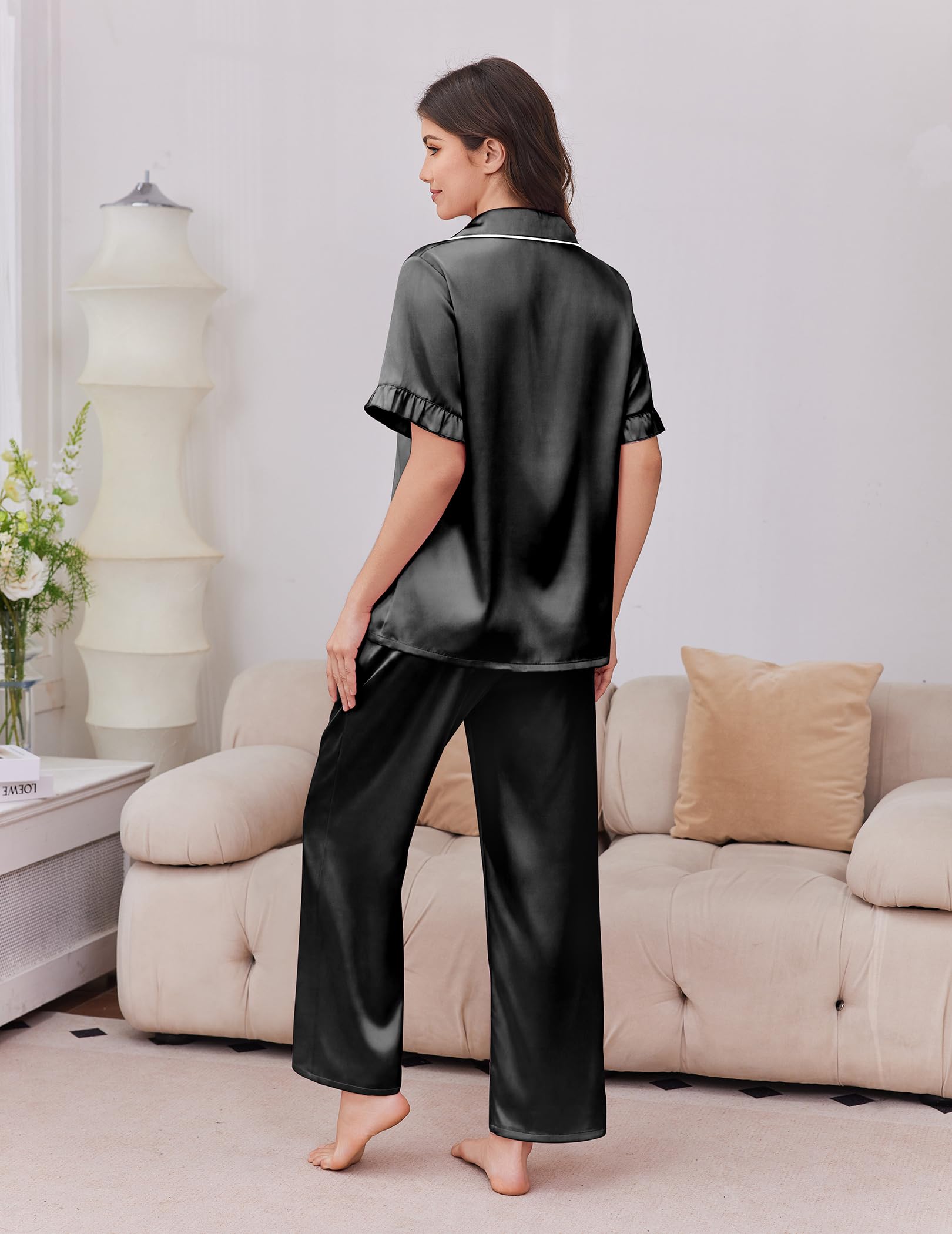 Ekouaer Silk Satin Pajamas for Women Set 2 Piece Short Sleeve Button Up Pjs
