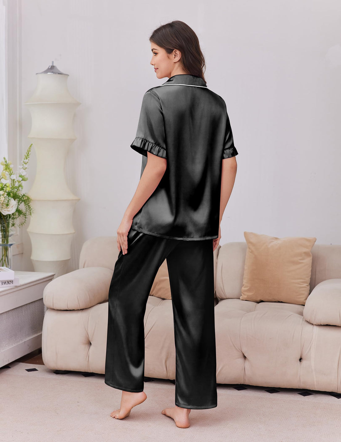Ekouaer Silk Satin Pajamas for Women Set 2 Piece Short Sleeve Button Up Pjs