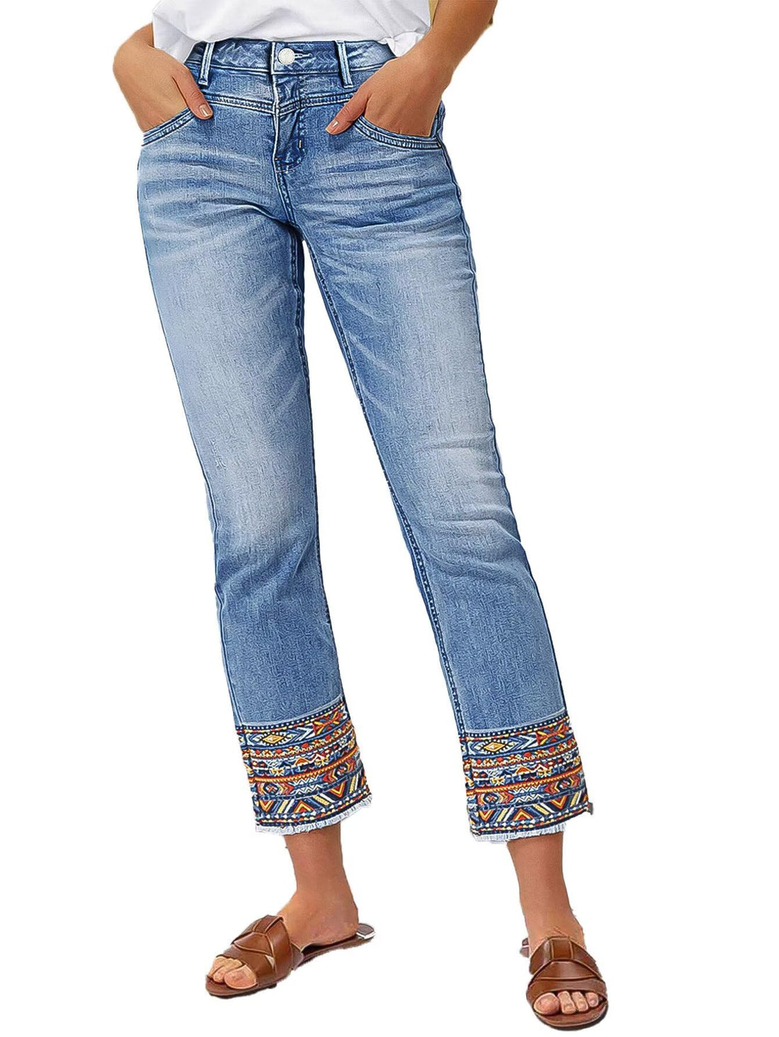 Flamingals Straight Leg Cropped Jeans for Women Trendy Mid Rise Stretchy Tribal Embroidery Raw Hem Ankle Jeans
