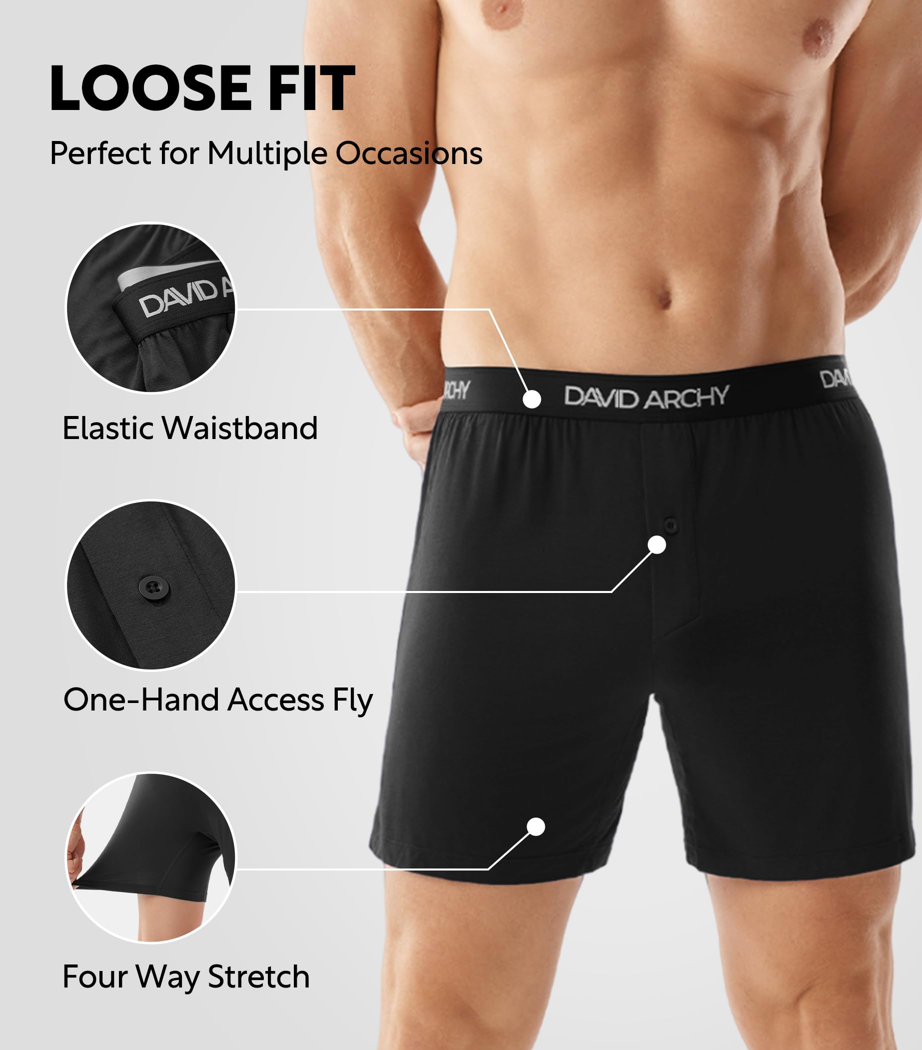 DAVID ARCHY Men's Bamboo Rayon Boxers Breathable Cooling Mens Boxer Shorts with Button Fly Relaxed Fit Underwear 3/4/5 Pack