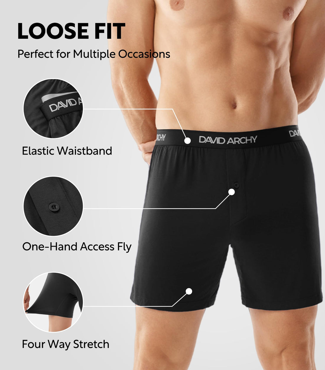 DAVID ARCHY Men's Bamboo Rayon Boxers Breathable Cooling Mens Boxer Shorts with Button Fly Relaxed Fit Underwear 3/4/5 Pack