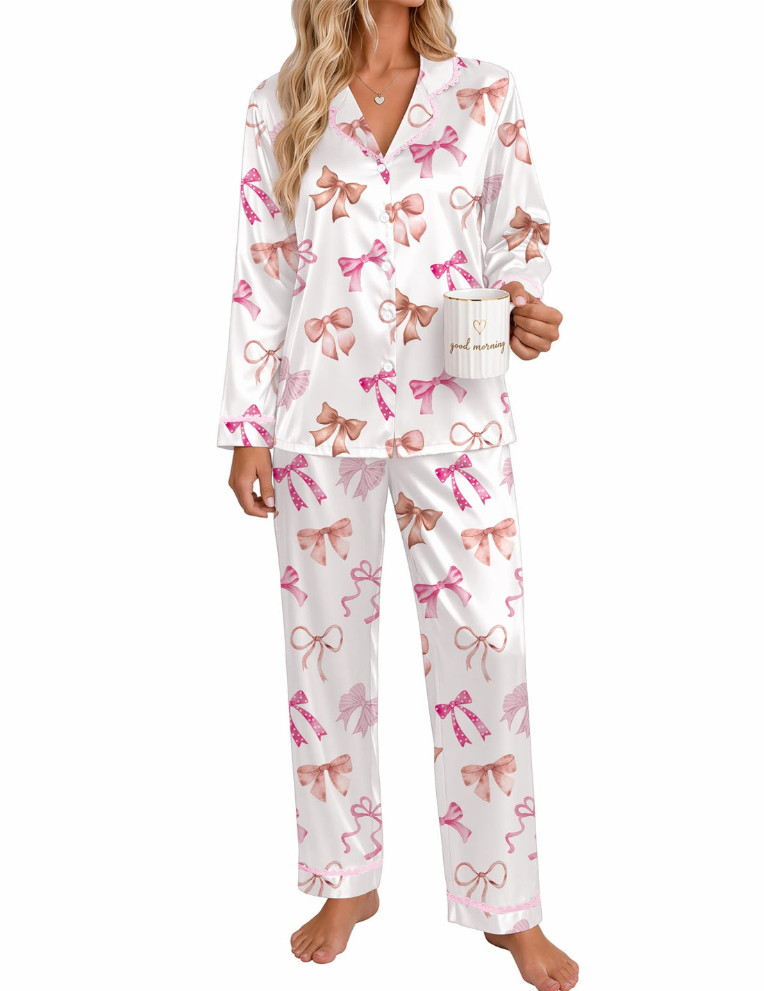 Ekouaer Satin Pajamas for Women Set 2 Piece Silk Pjs Long Sleeve Lounge Set