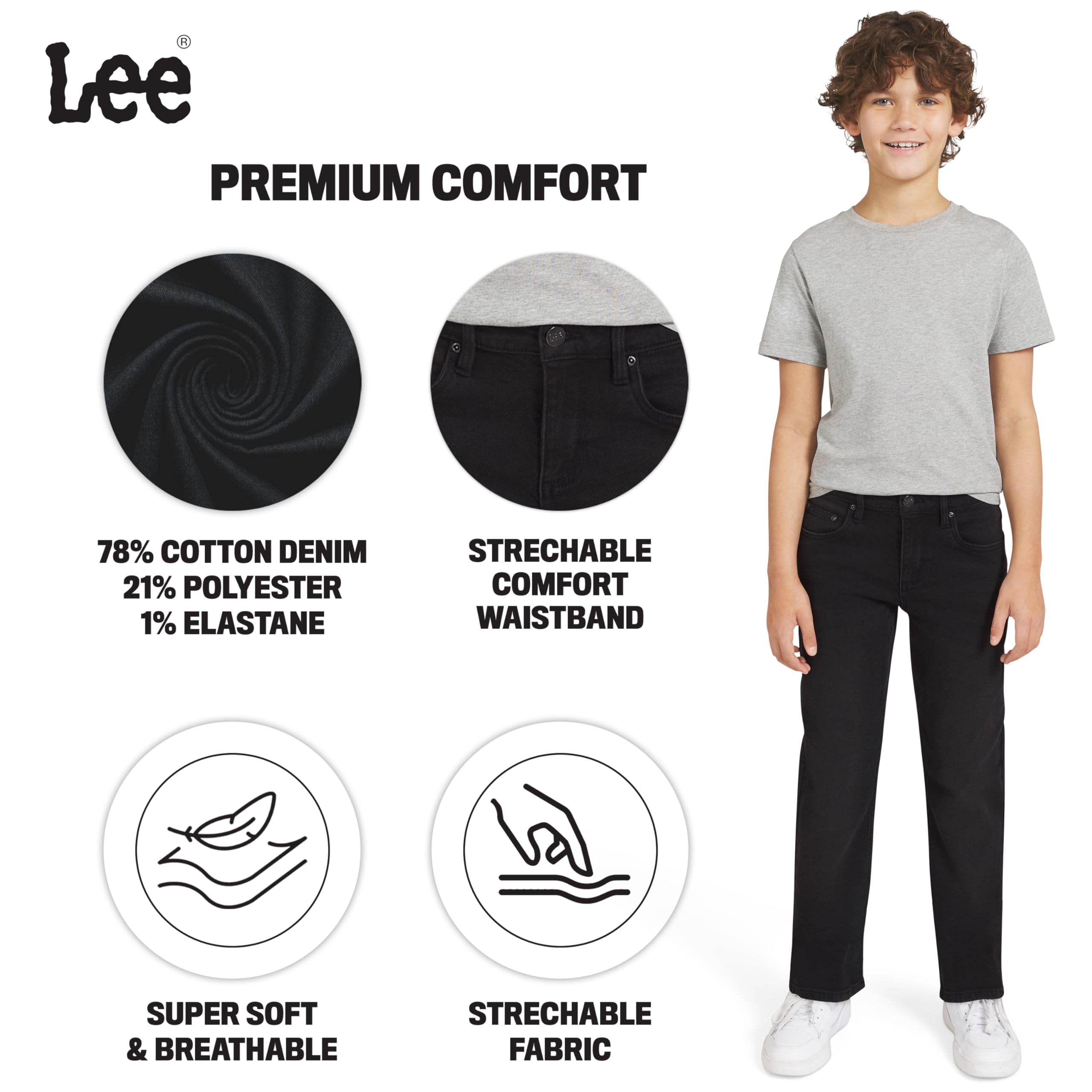 Lee Boys' 5 Pocket Loose Fit Stretch Waist Denim Jeans