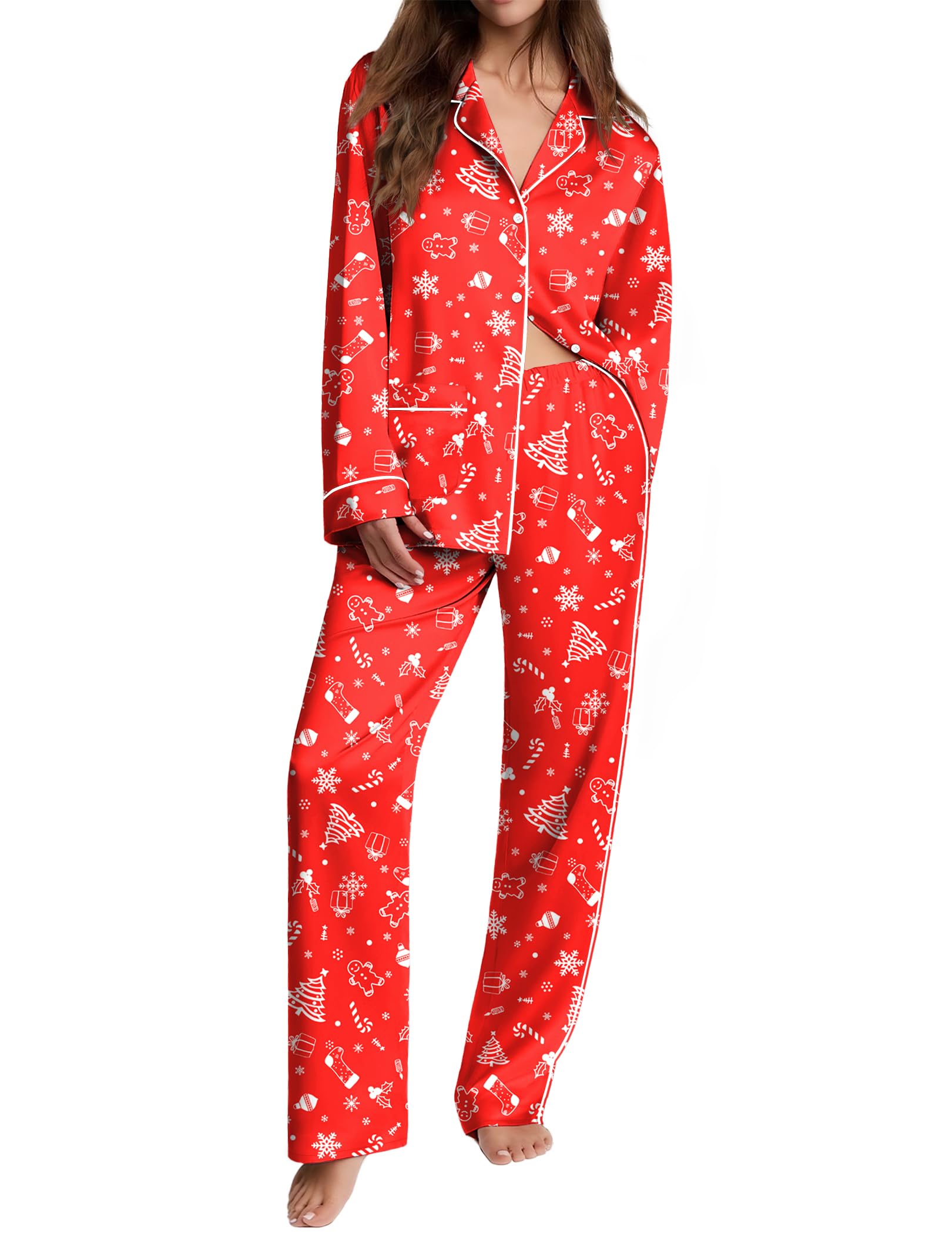 Ekouaer Womens Pajama Sets Satin Silk Pjs Long Sleeve Button Down Sleepwear