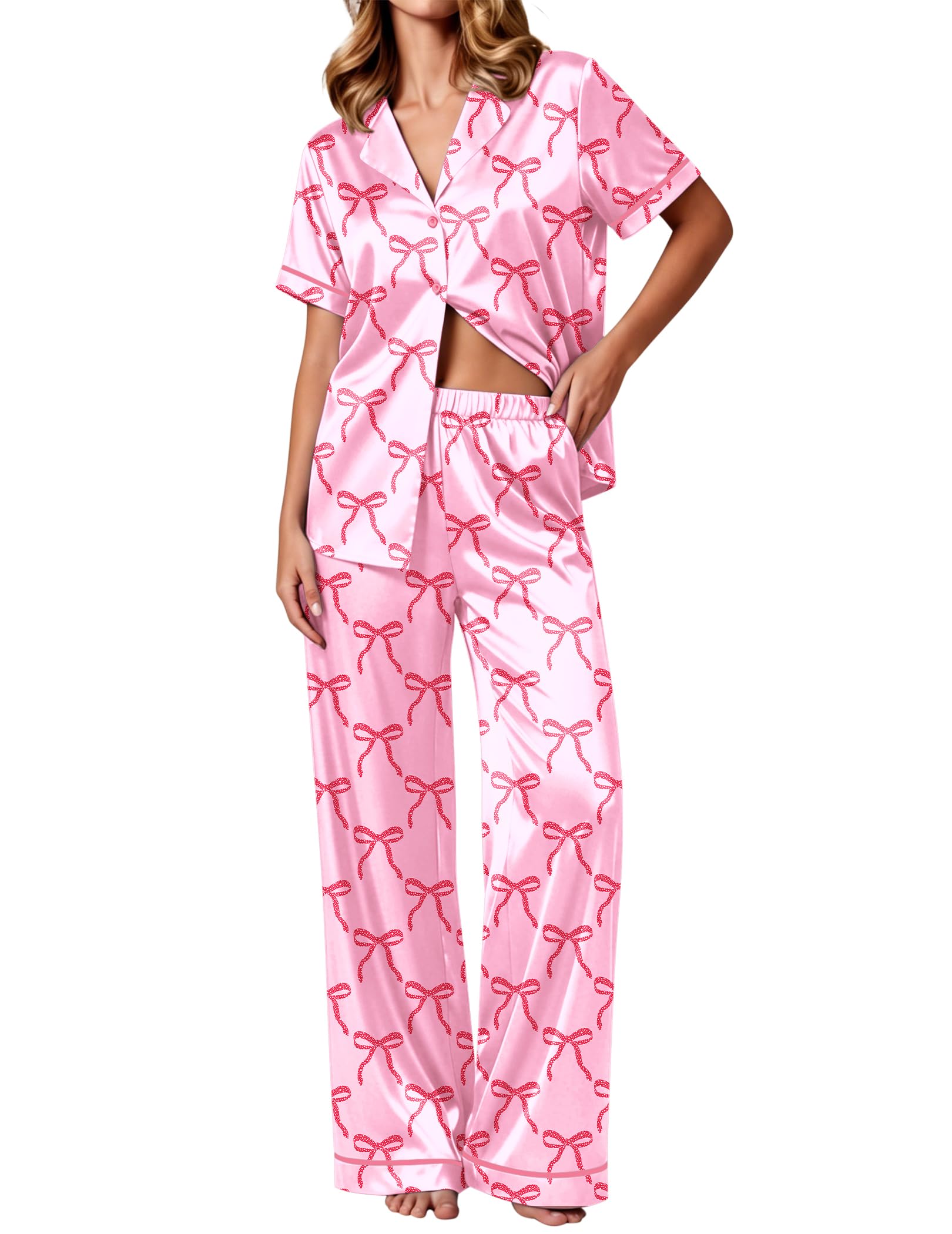 Ekouaer Women's Silk Pajamas Set Short Sleeve Pjs Button Down Lounge Set