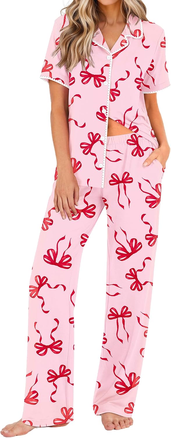 Ekouaer Womens Pajamas Set Button Down Loungewear Short Sleeve Pants Pjs