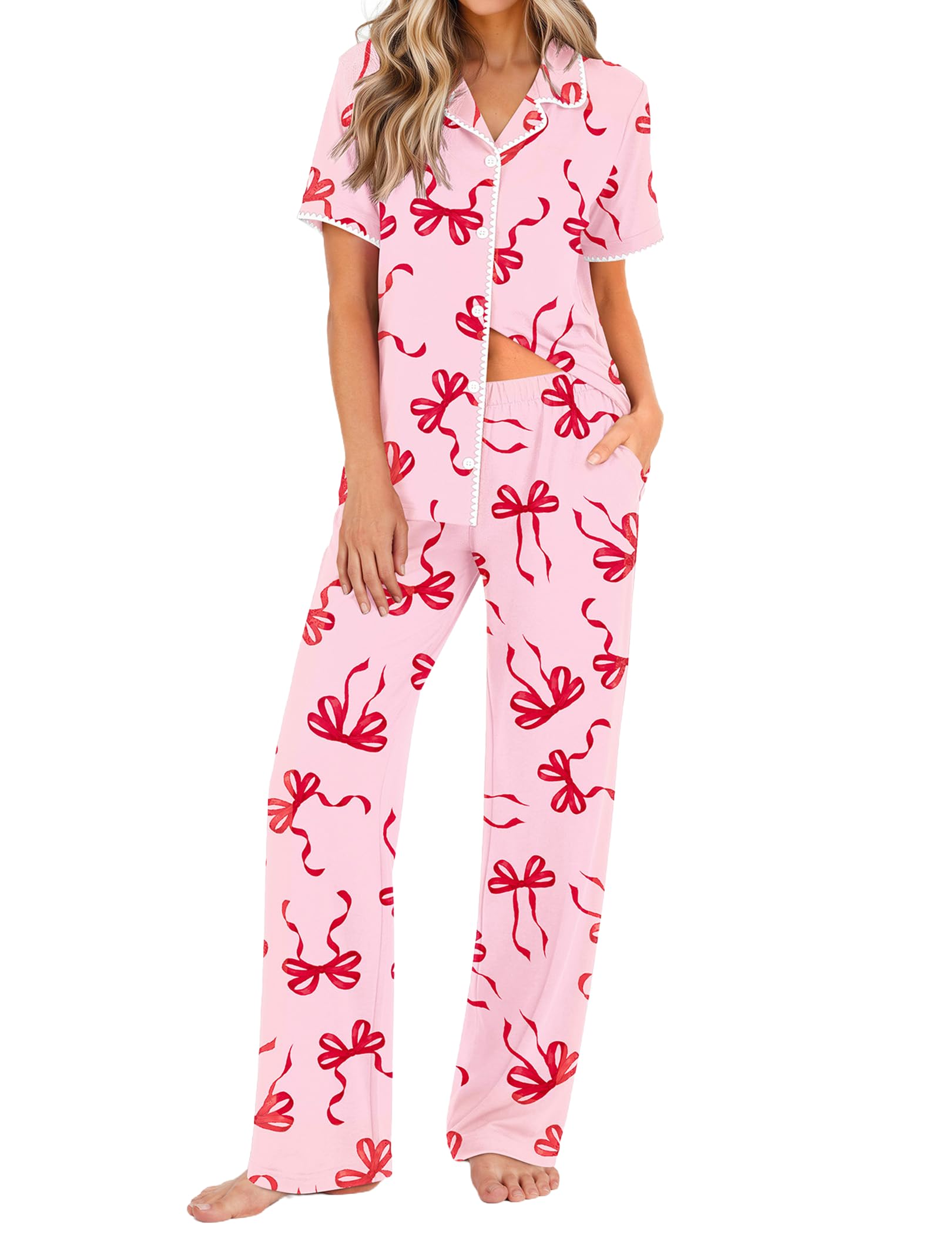 Ekouaer Womens Pajamas Set Button Down Loungewear Short Sleeve Pants Pjs