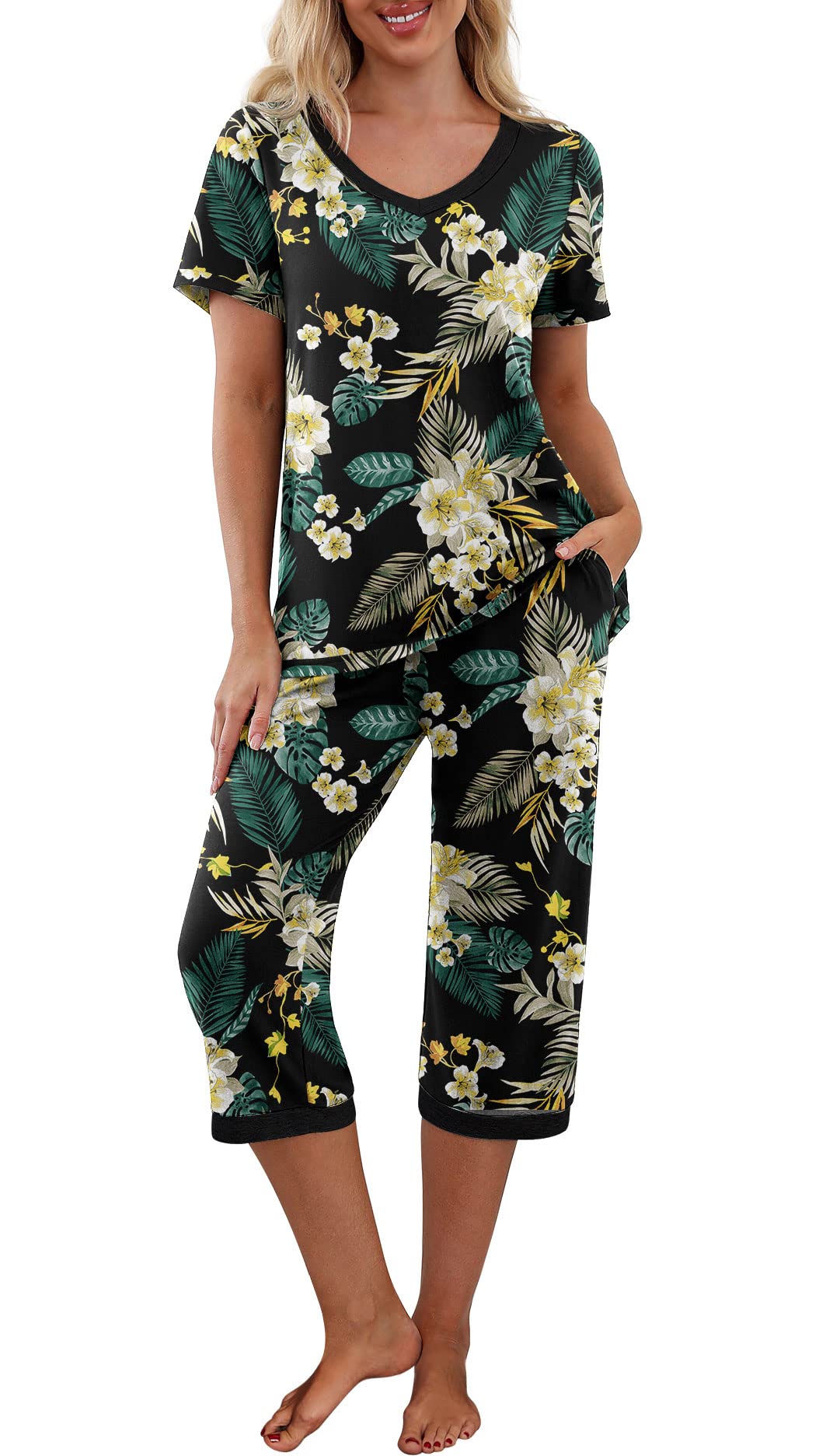PrinStory Womens Pajama Sets Capri Pjs Soft Lounge Sets S-4XL