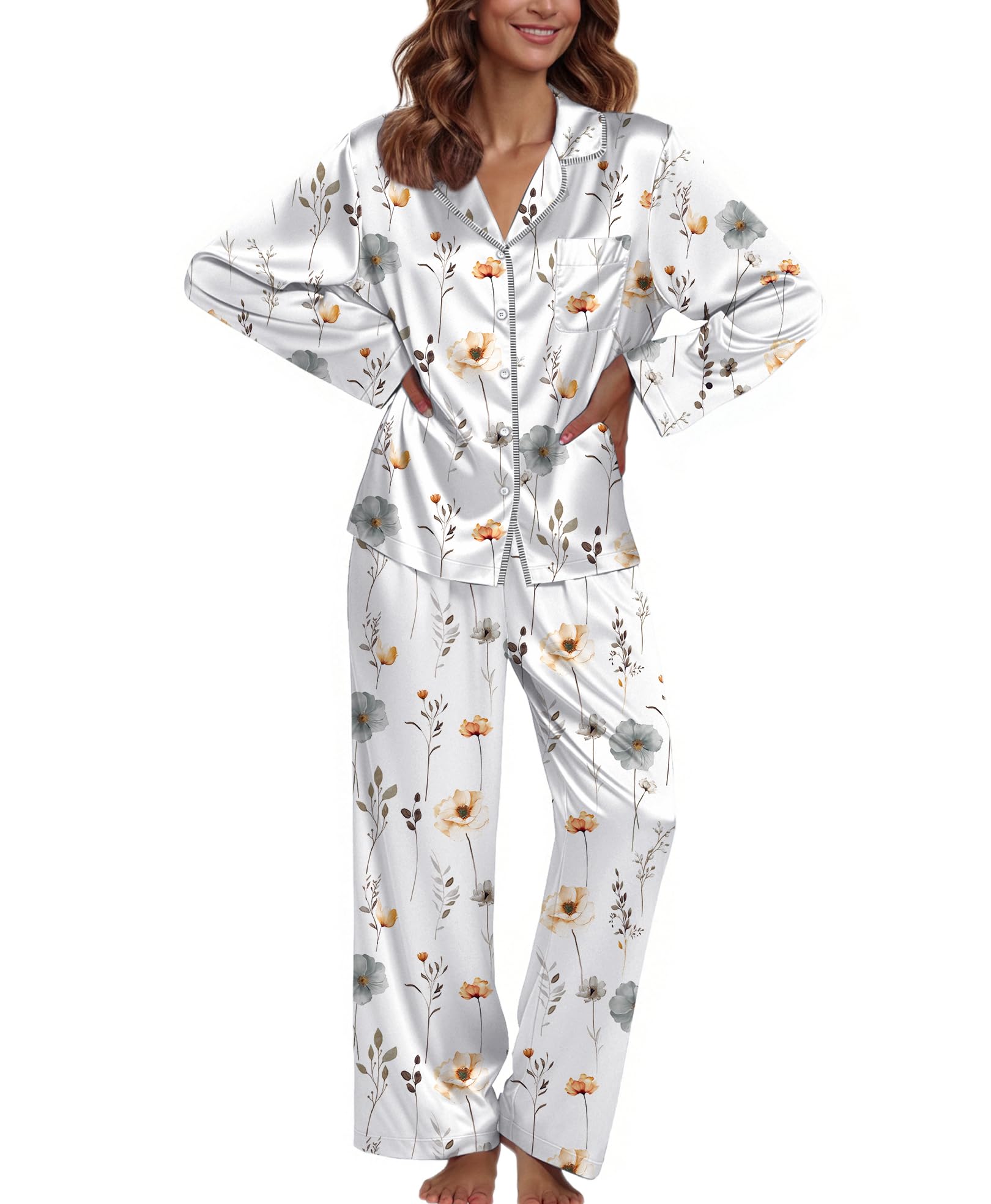 Ekouaer Pajamas For Women Silk Pjs Long Sleeve Button Down Lounge Sets