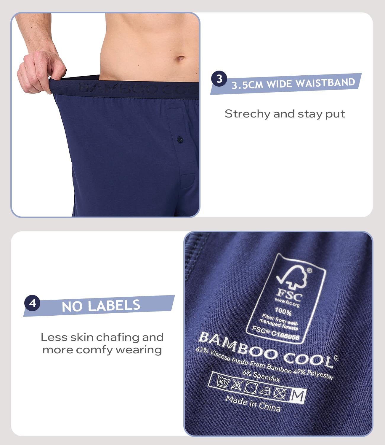BAMBOO COOL Mens Underwear Boxers Moisture-wicking and Cool Men's Boxer Shorts Loose Fit Super Soft 4 Pack