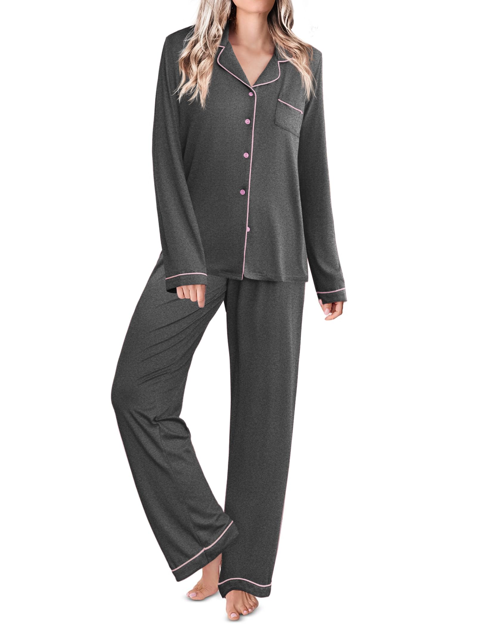 Ekouaer Womens Pajamas Set Classic Sleepwear Long Sleeve Button Up Pjs Sets