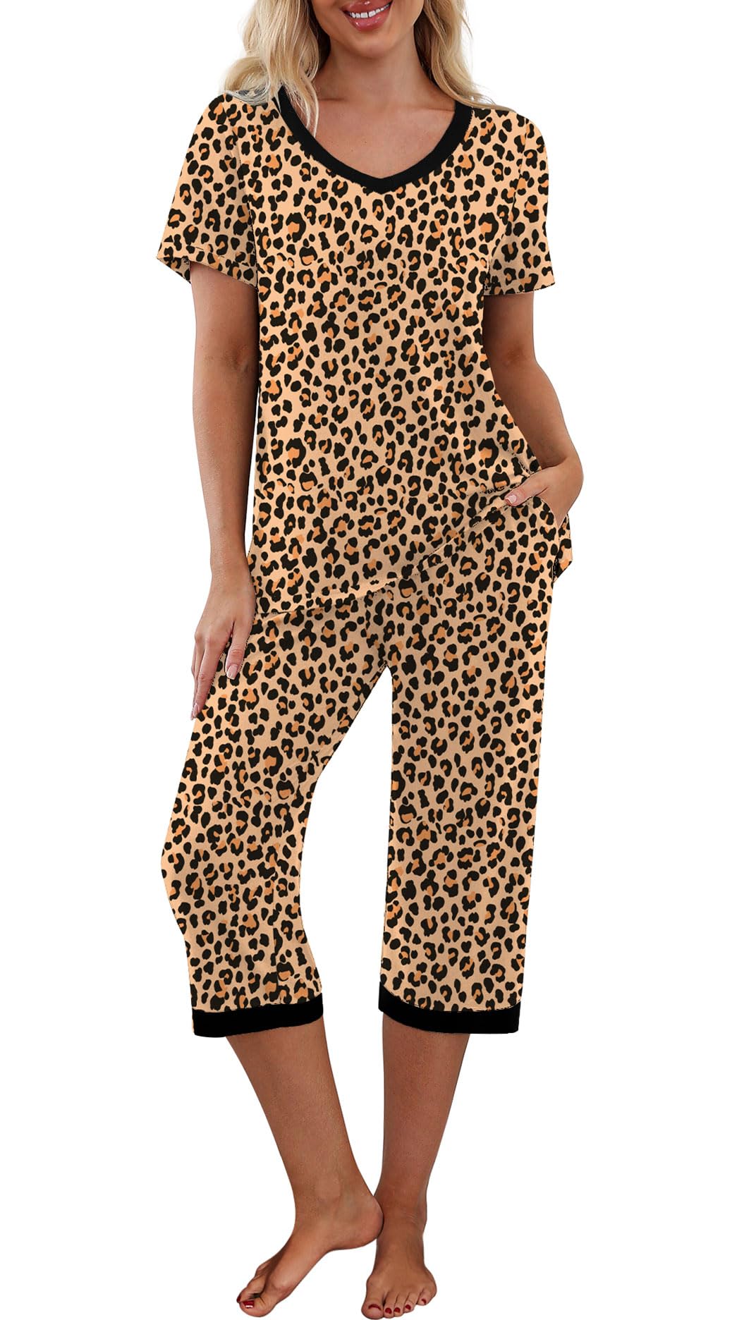 PrinStory Womens Pajama Sets Capri Pjs Soft Lounge Sets S-4XL