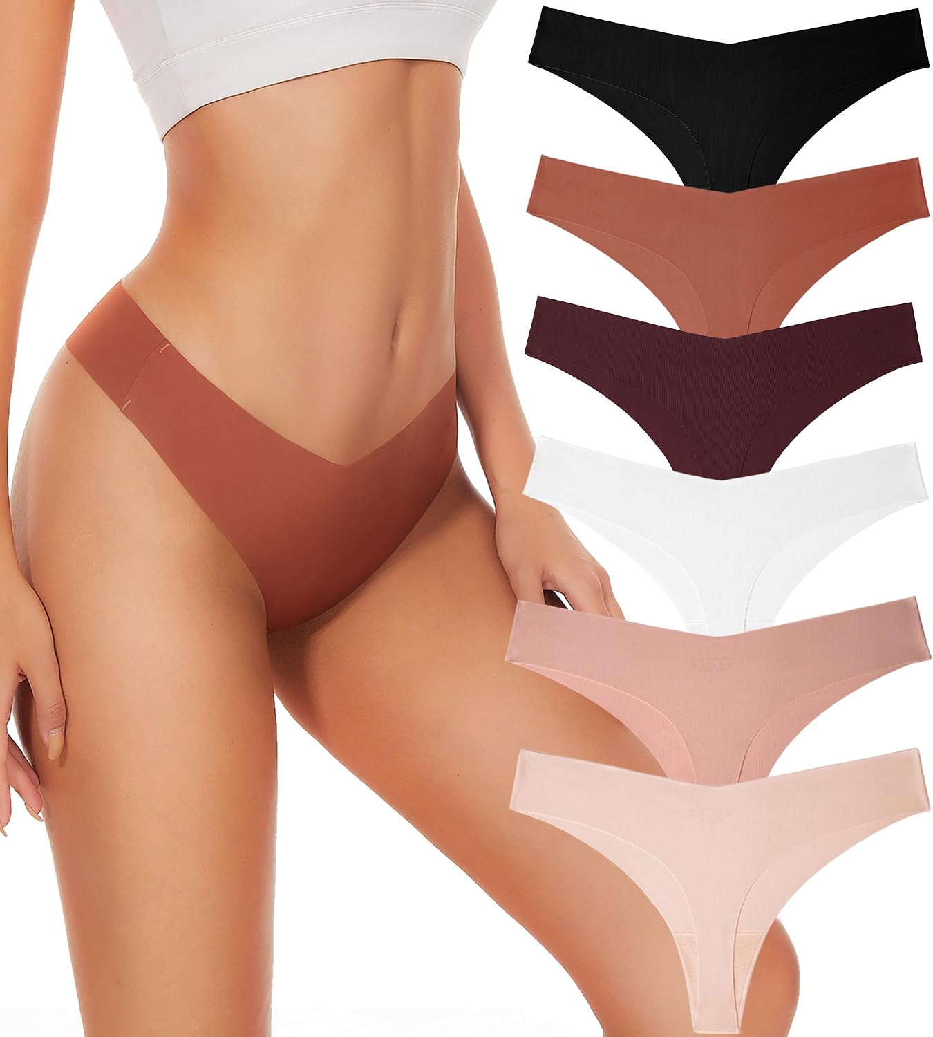 Seamless Thongs For Women V-waisted No Show Underwear 6-Pack | No Show Thong Seamless Panties Breathable Comfortable Underwear