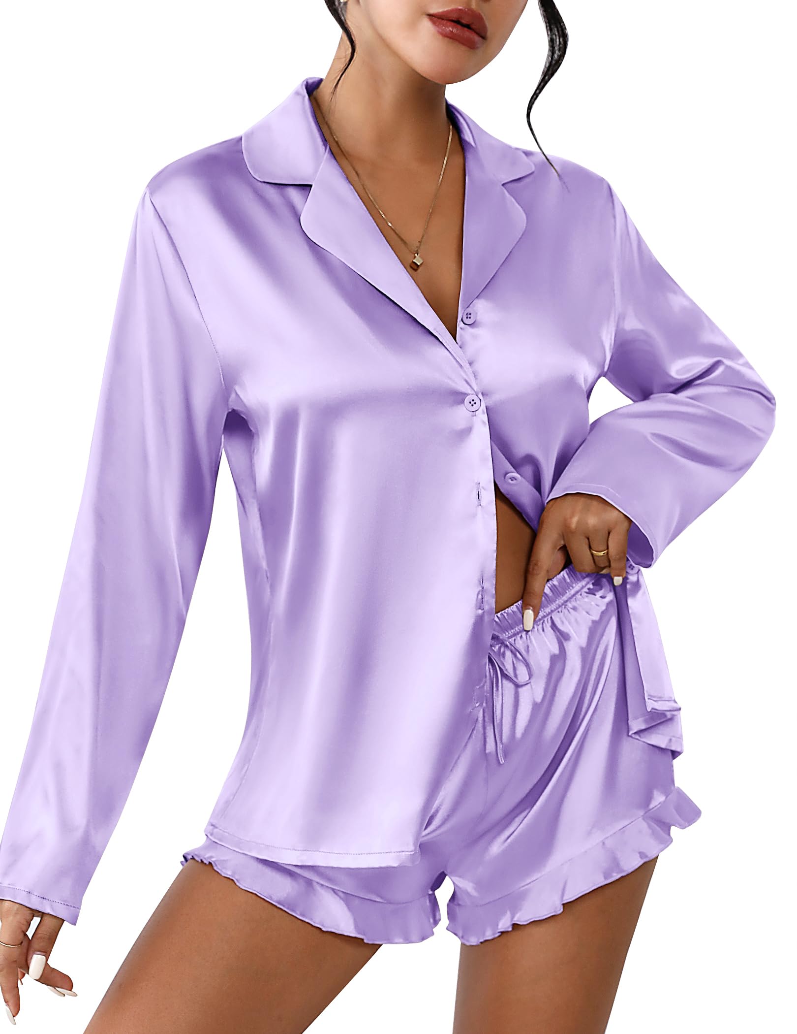 Ekouaer Womens Satin Pajama Sets Cute Button Down Silk Pjs with Ruffle