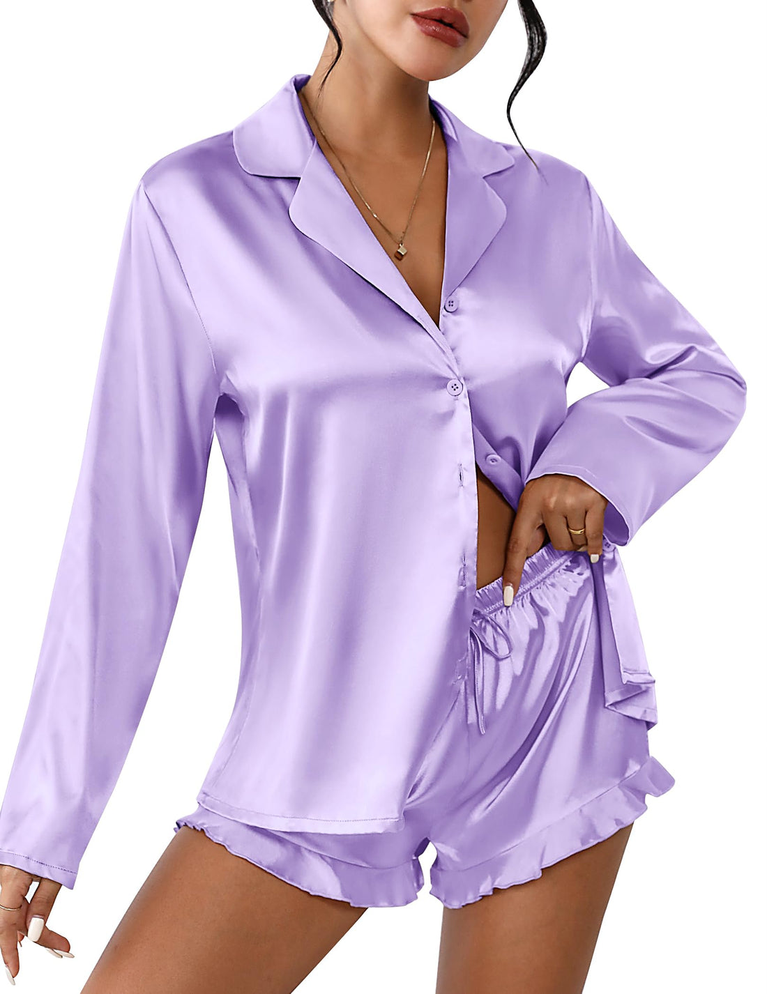 Ekouaer Womens Satin Pajama Sets Cute Button Down Silk Pjs with Ruffle