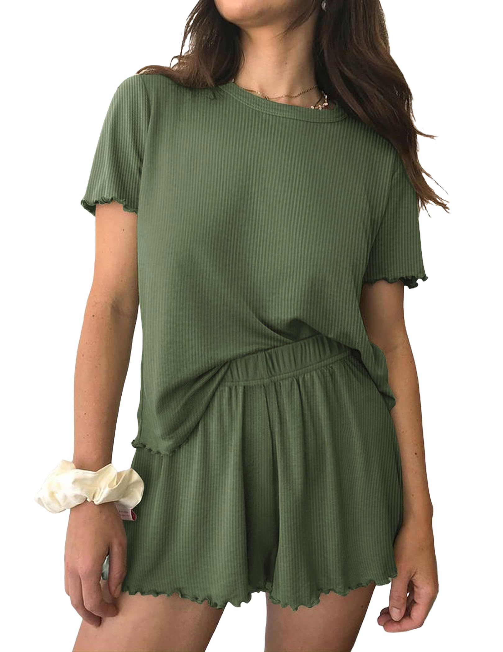 Ekouaer Womens Pajamas 2 Piece Ribbed Knit Pjs Short Sleeve Lounge Sets