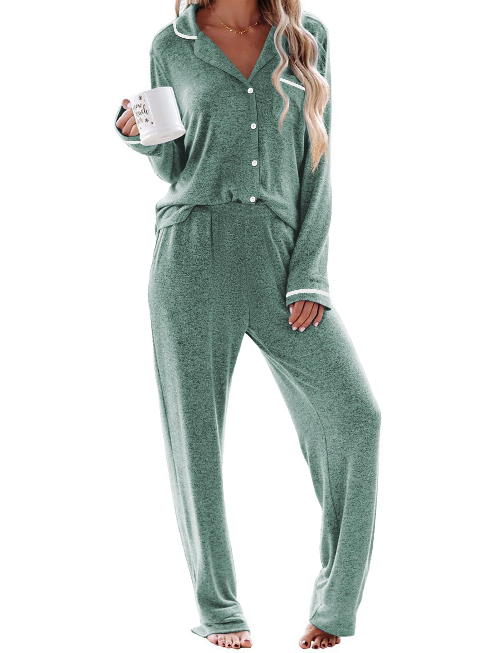 Ekouaer Womens Pajama Sets Long Sleeve Button Down 2 Piece Soft Pjs