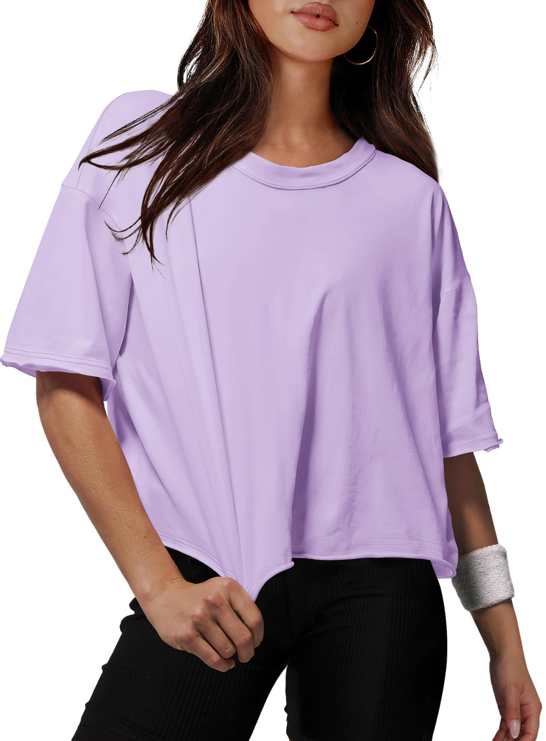 XIEERDUO Cotton Tshirts for Women Drop Shoulder Round Neck Oversized Crop Tops Workout Tops Tees