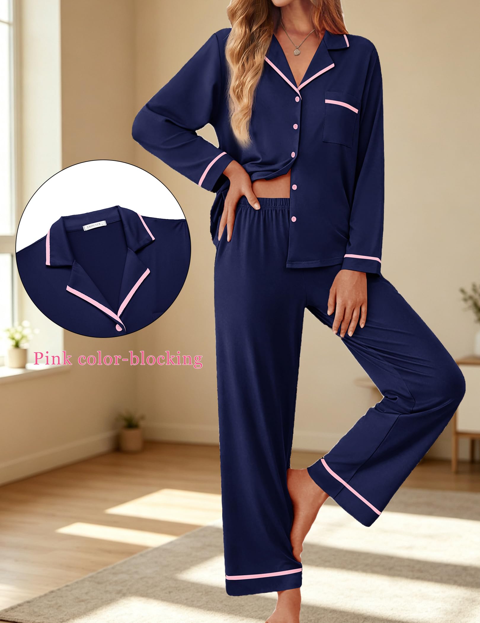 Ekouaer Womens Pajama Sets Long Sleeve Button Down Lounge Sets with Pockets