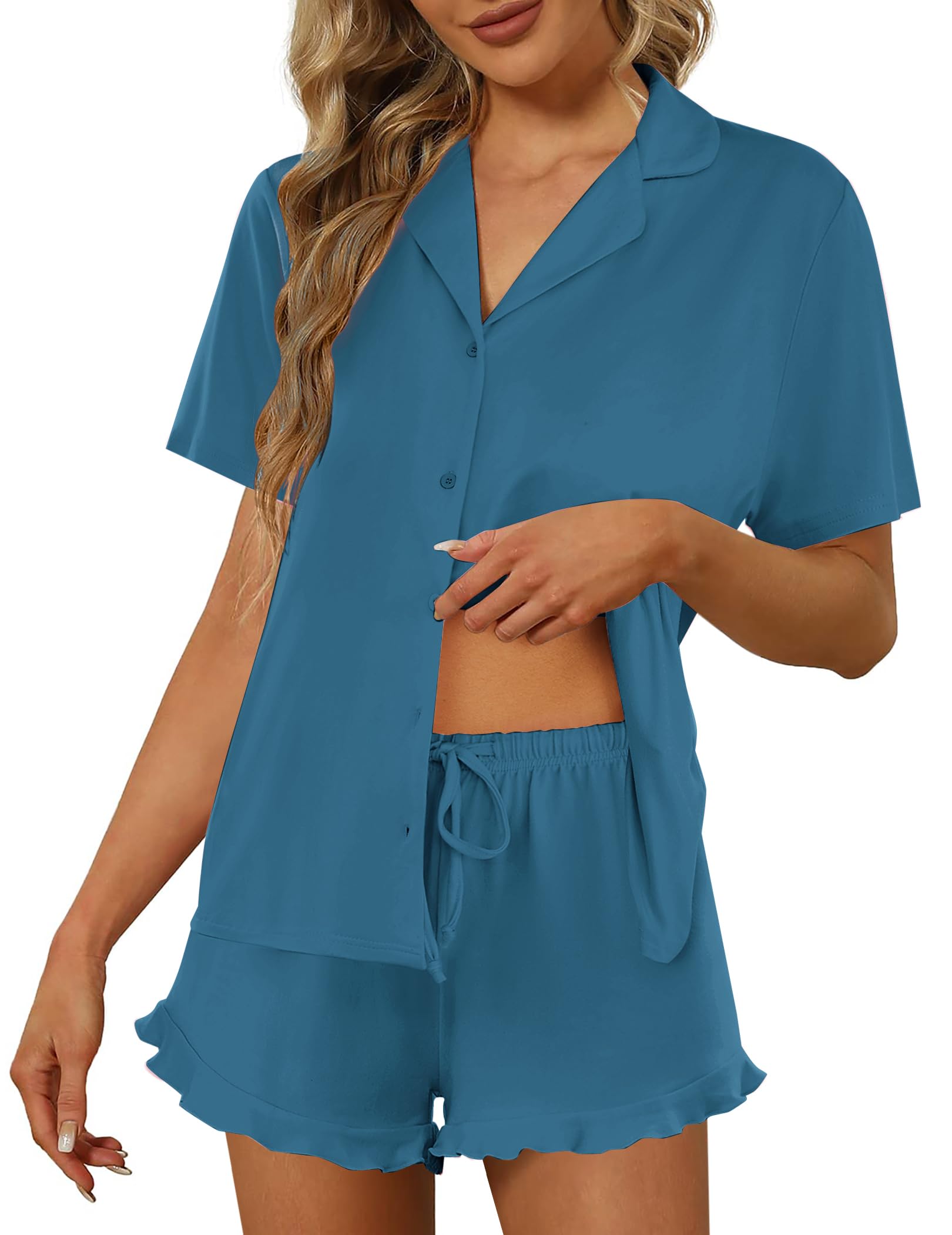 Ekouaer Pajamas Set for Women Short Sleeve Sleepwear Button Down Ruffle Pjs