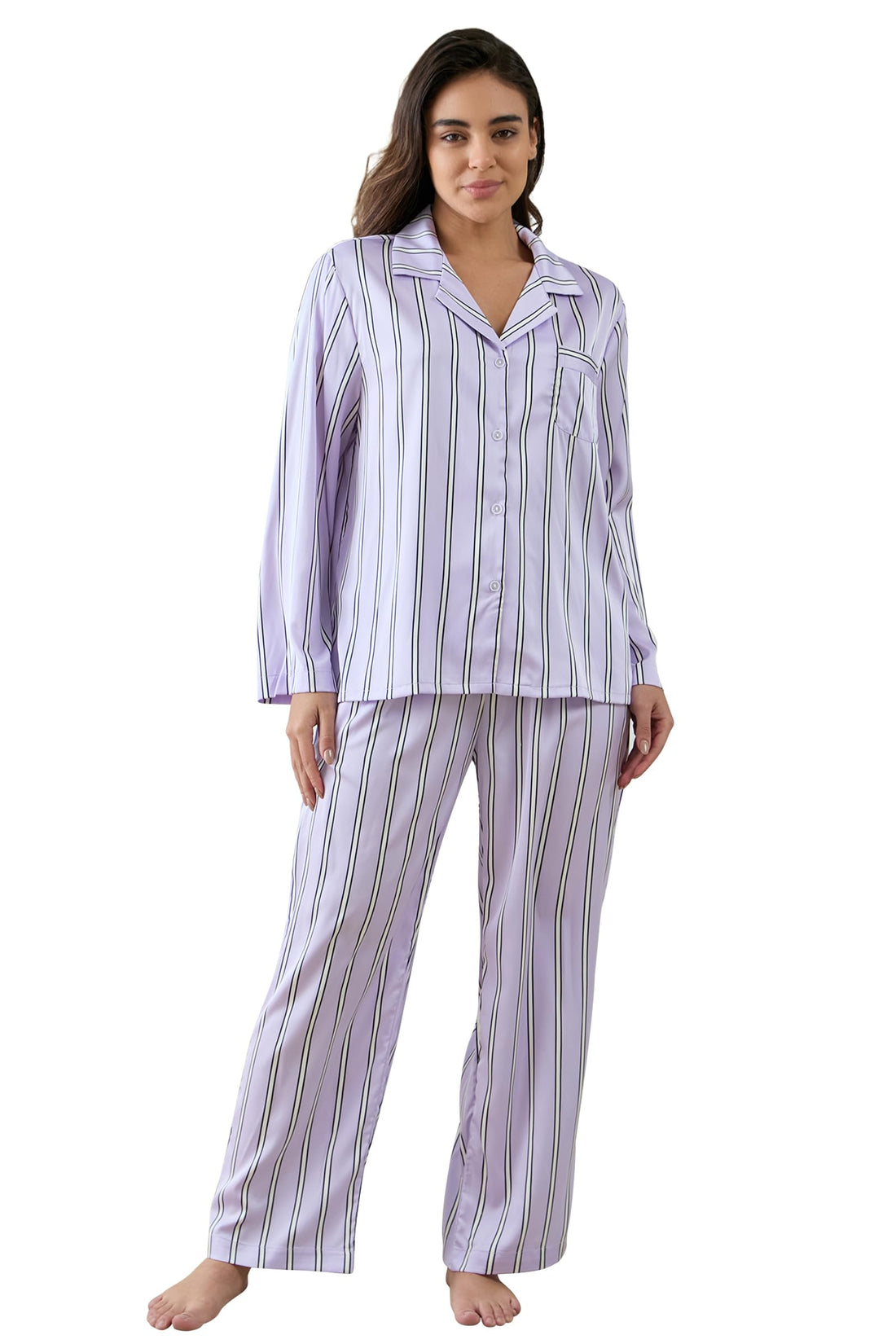 YiNi LuLu Womens Silk Satin Pajamas Set Button Down 2 Piece Pjs Long Sleeve Oversized Sleepwear with Pockets