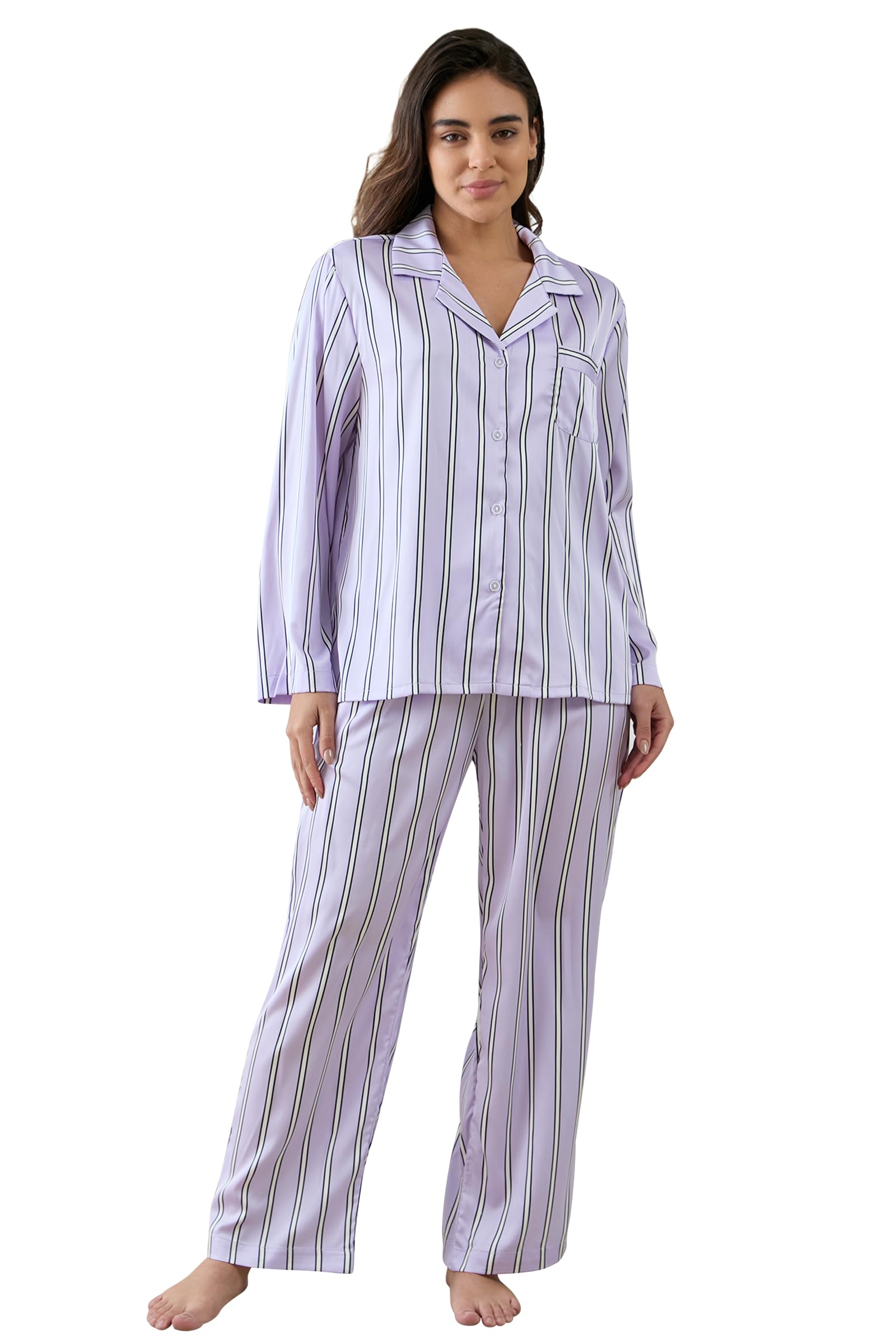 YiNi LuLu Womens Silk Satin Pajamas Set Button Down 2 Piece Pjs Long Sleeve Oversized Sleepwear with Pockets