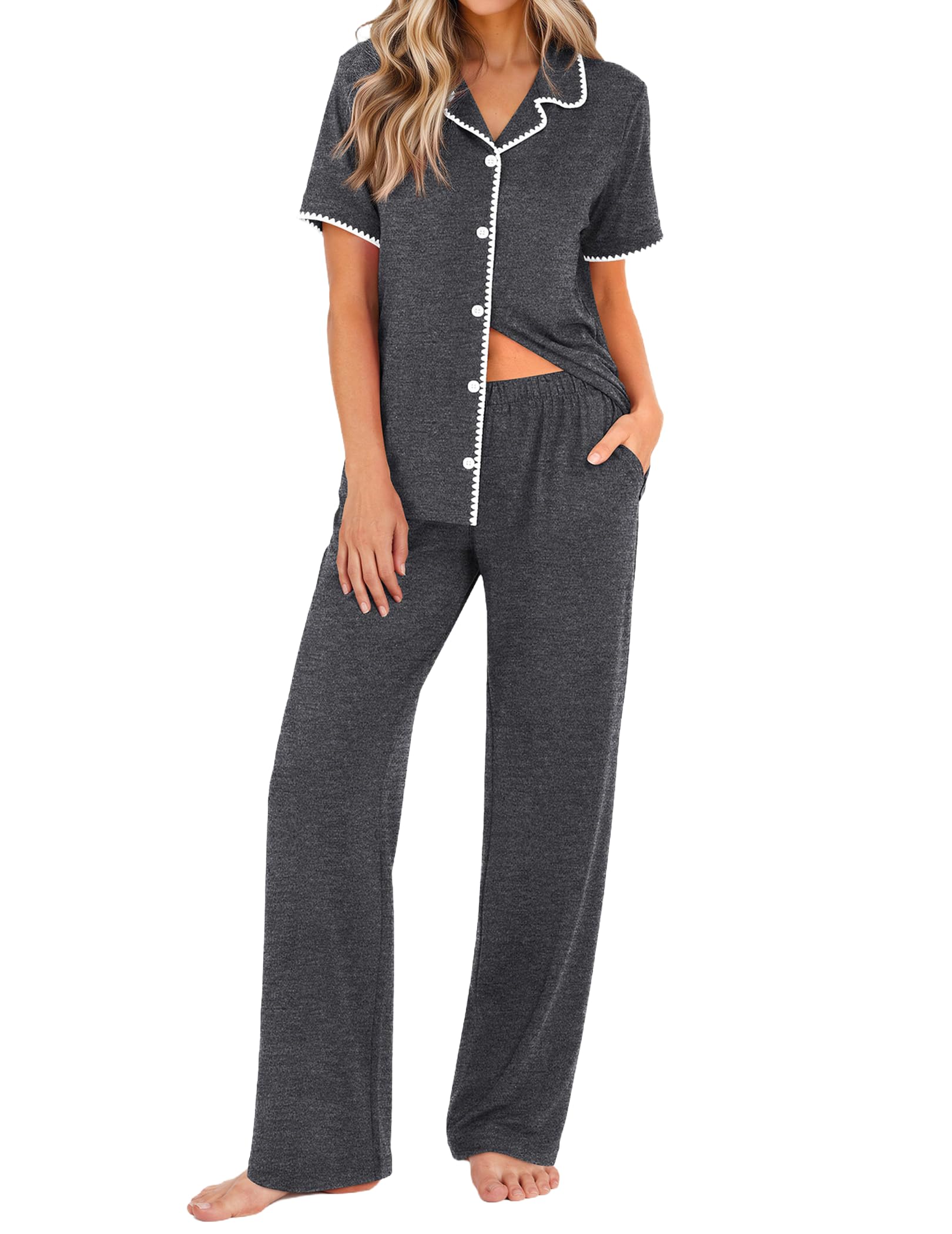 Ekouaer Womens Pajamas Set Button Down Loungewear Short Sleeve Pants Pjs