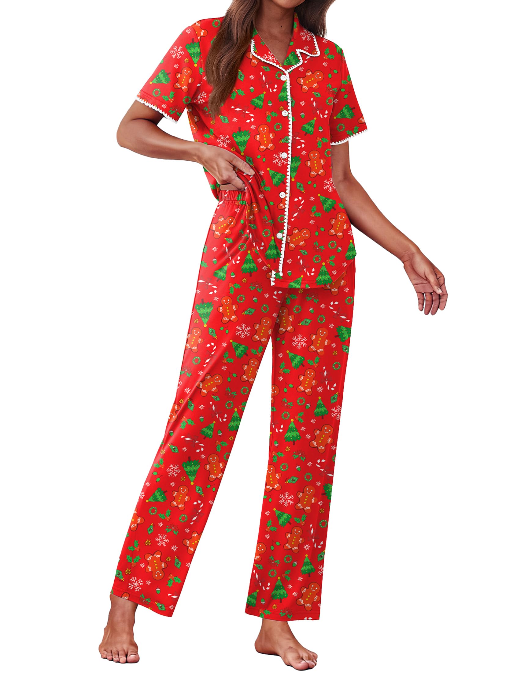 Ekouaer Womens Pajamas Set Button Down Loungewear Short Sleeve Pants Pjs