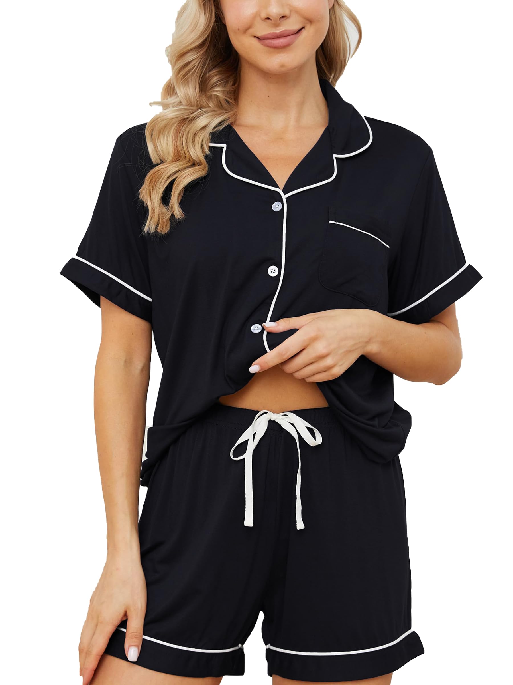 Womens Pajama Sets Short Sleeve Sleepwear Soft Button Down Nightwear Lounge Pj Set XS-XXL